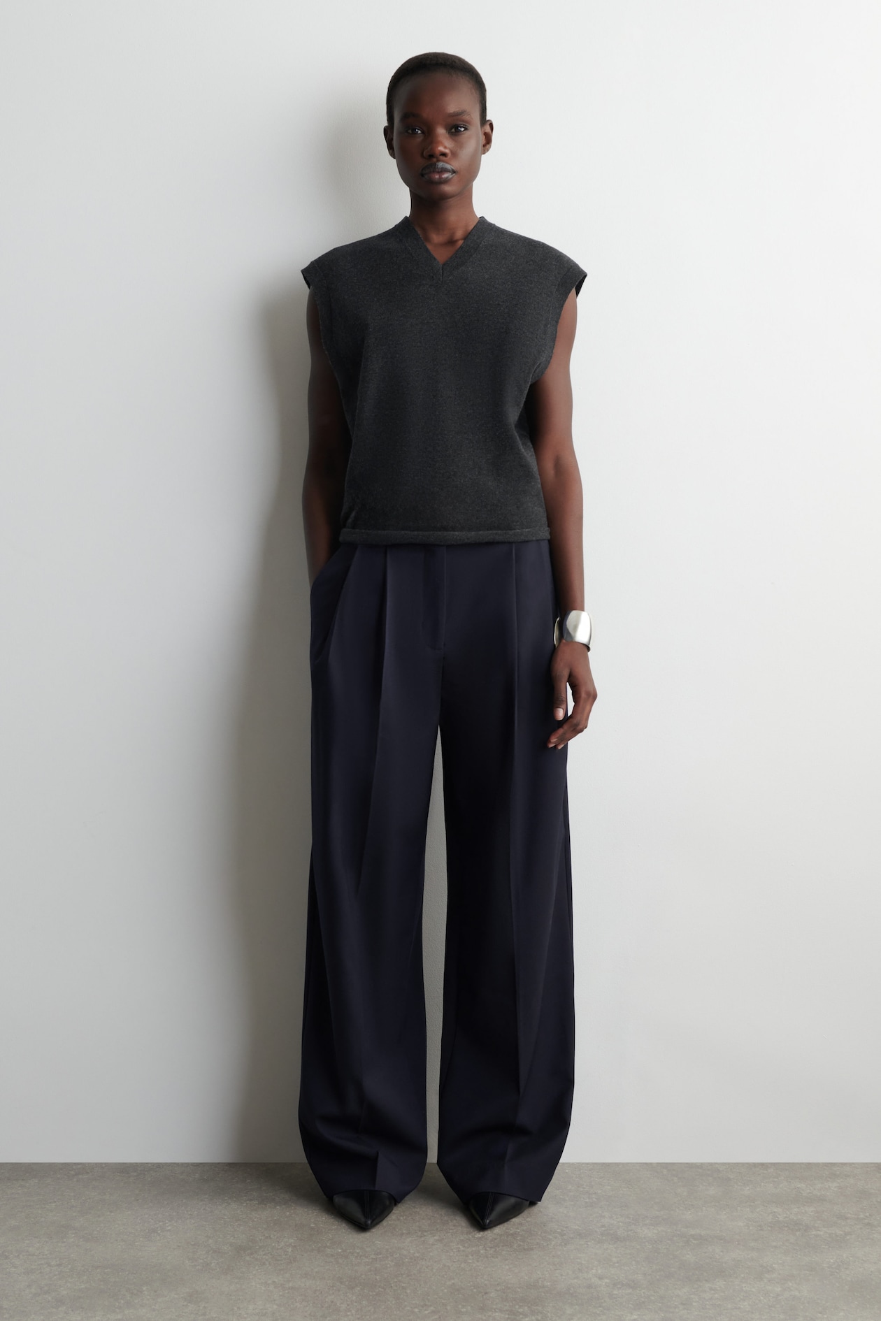 RELAXED TWILL WIDE-LEG PANTS — NAVY