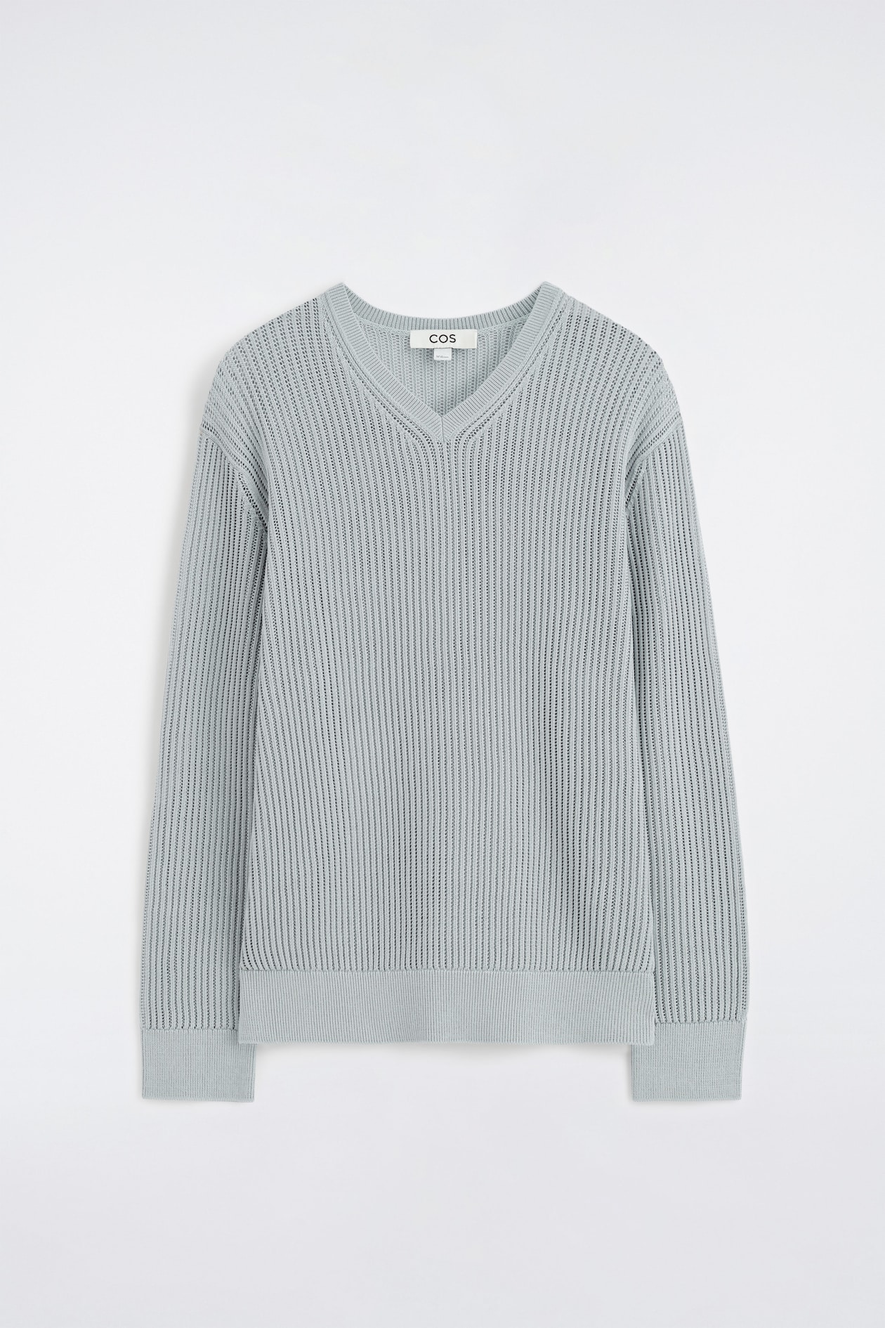 LADDER-STITCH COTTON V-NECK JUMPER — LIGHT BLUE