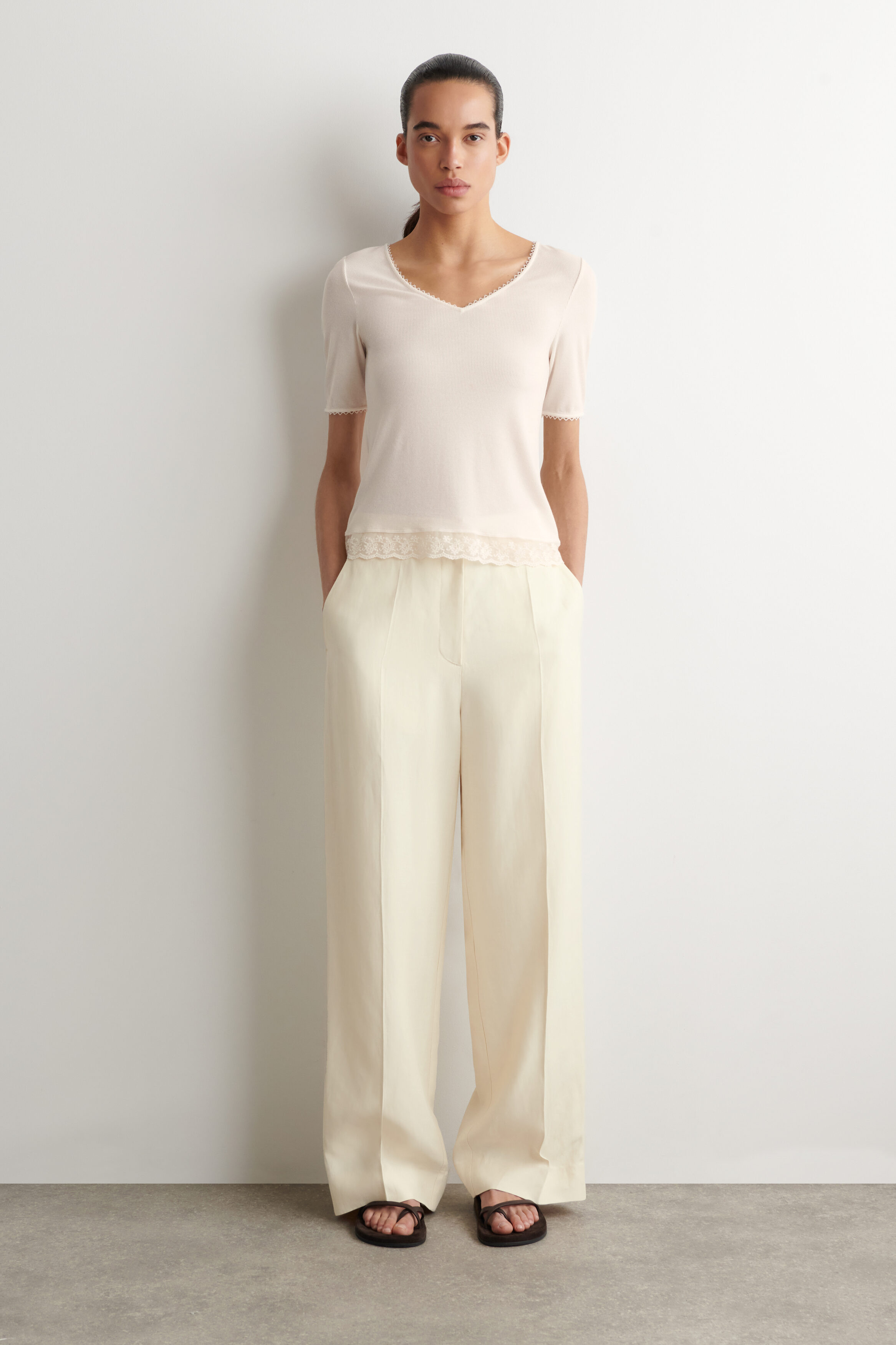 トップス neith. Too Big Ribbon Lace Shirt White LACE-TRIMMED RIBBED V-NECK T-SHIRT - WHITE | COS US