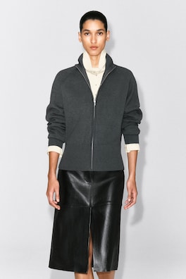 KNITTED MOCK-NECK ZIP-UP JACKET — CHARCOAL 1