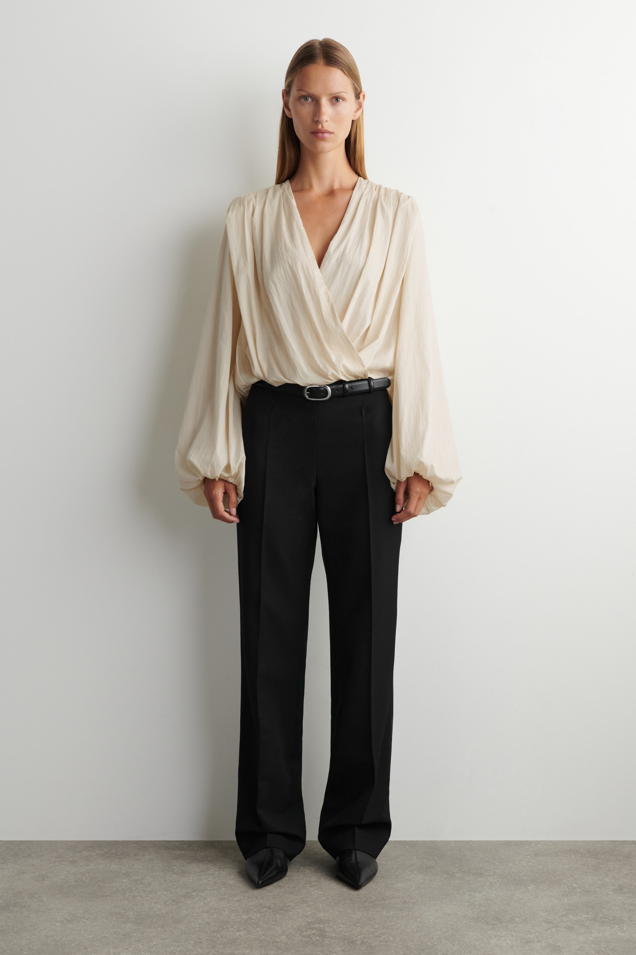 GATHERED WRAP-OVER BLOUSE