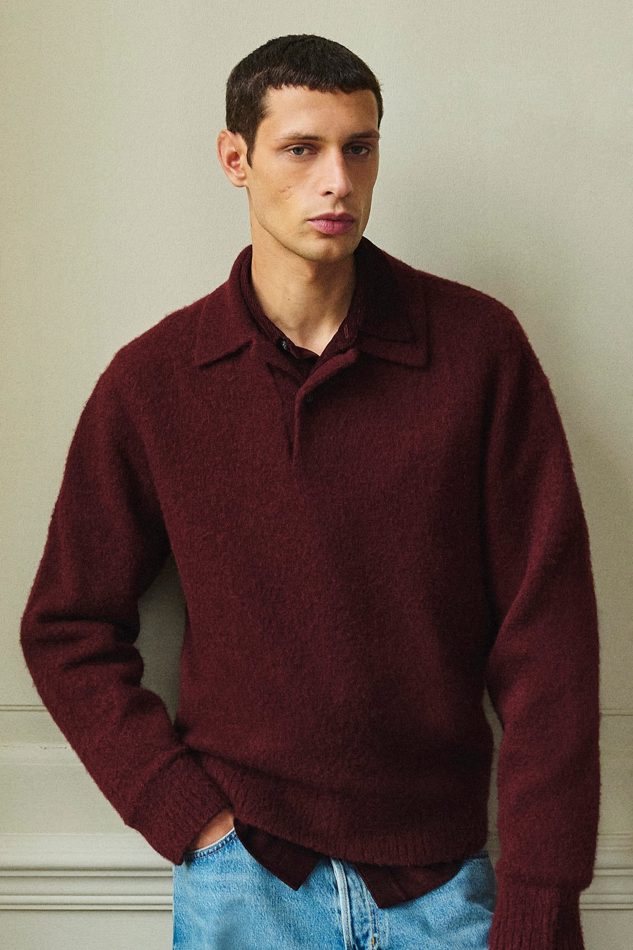 BRUSHED-WOOL POLO SHIRT — DARK-RED MÉLANGE