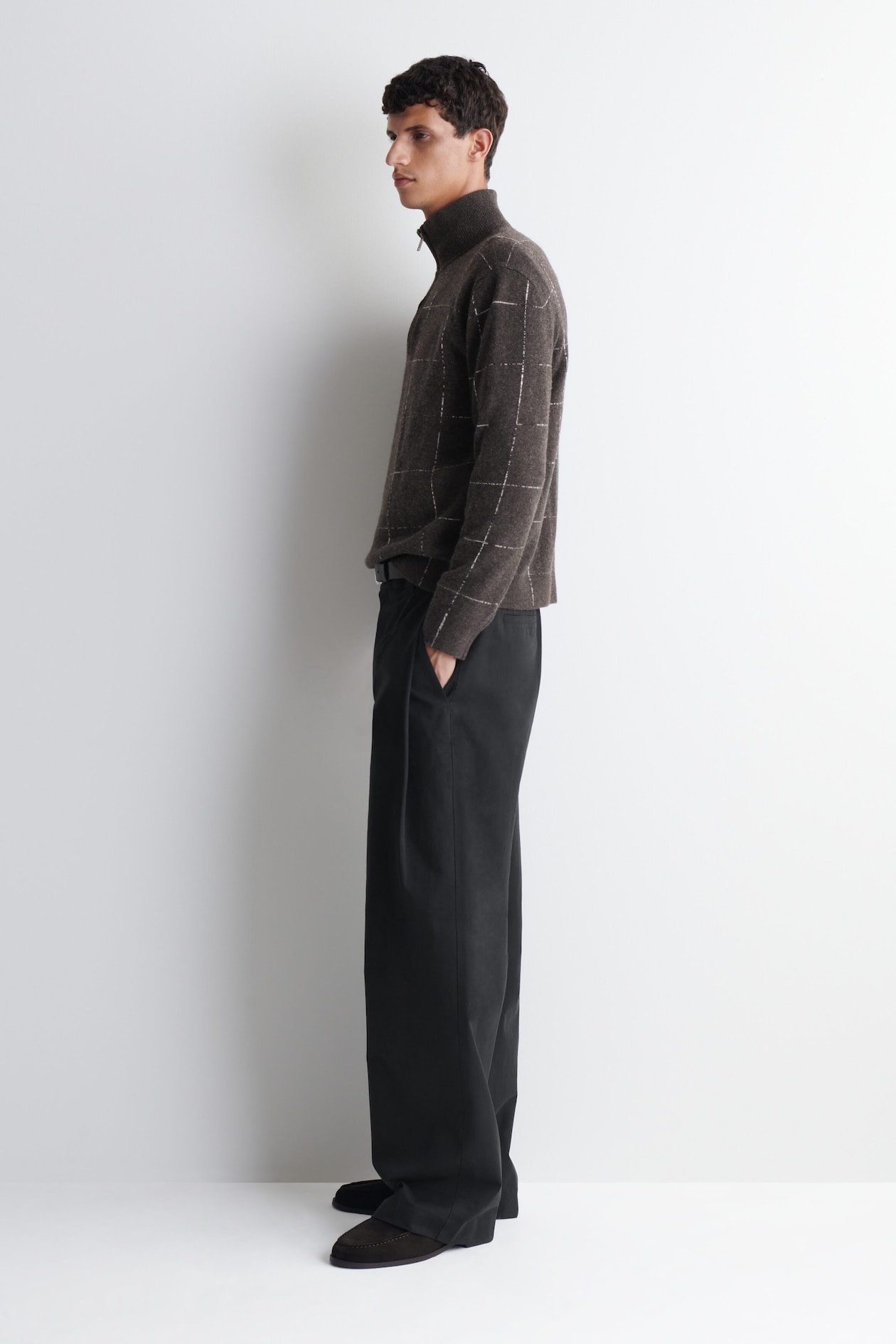 CHECKED WOOL-COTTON ZIP-UP SWEATER — BROWN / CHECKED