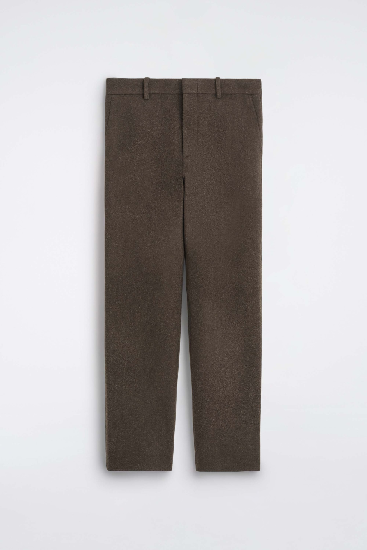 The double-faced wool-blend straight-leg pants are shown from the front, featuring a structured waistband with belt loops and side seam pockets. The pants hang straight to showcase a relaxed straight-leg silhouette in a textured dark brown fabric.