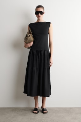 TIERED GATHERED MIDI DRESS — BLACK 1