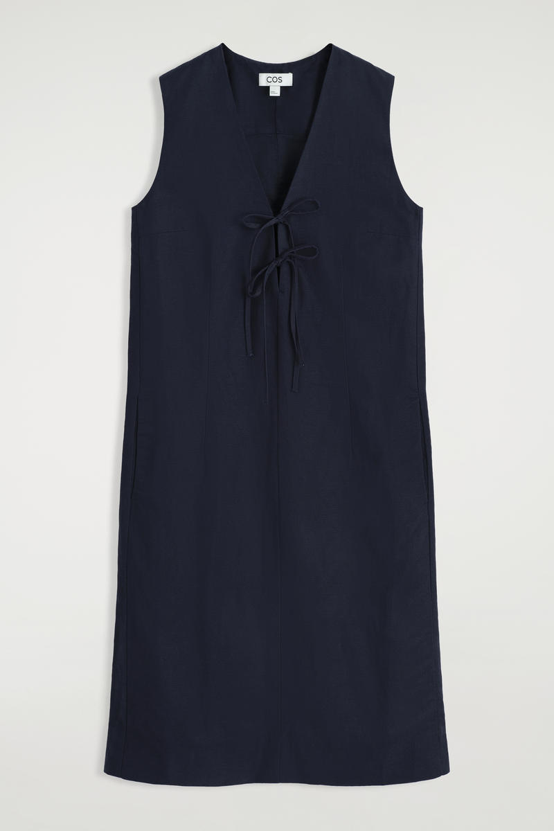 Linen-Blend Tie-Front Midi Dress in Navy