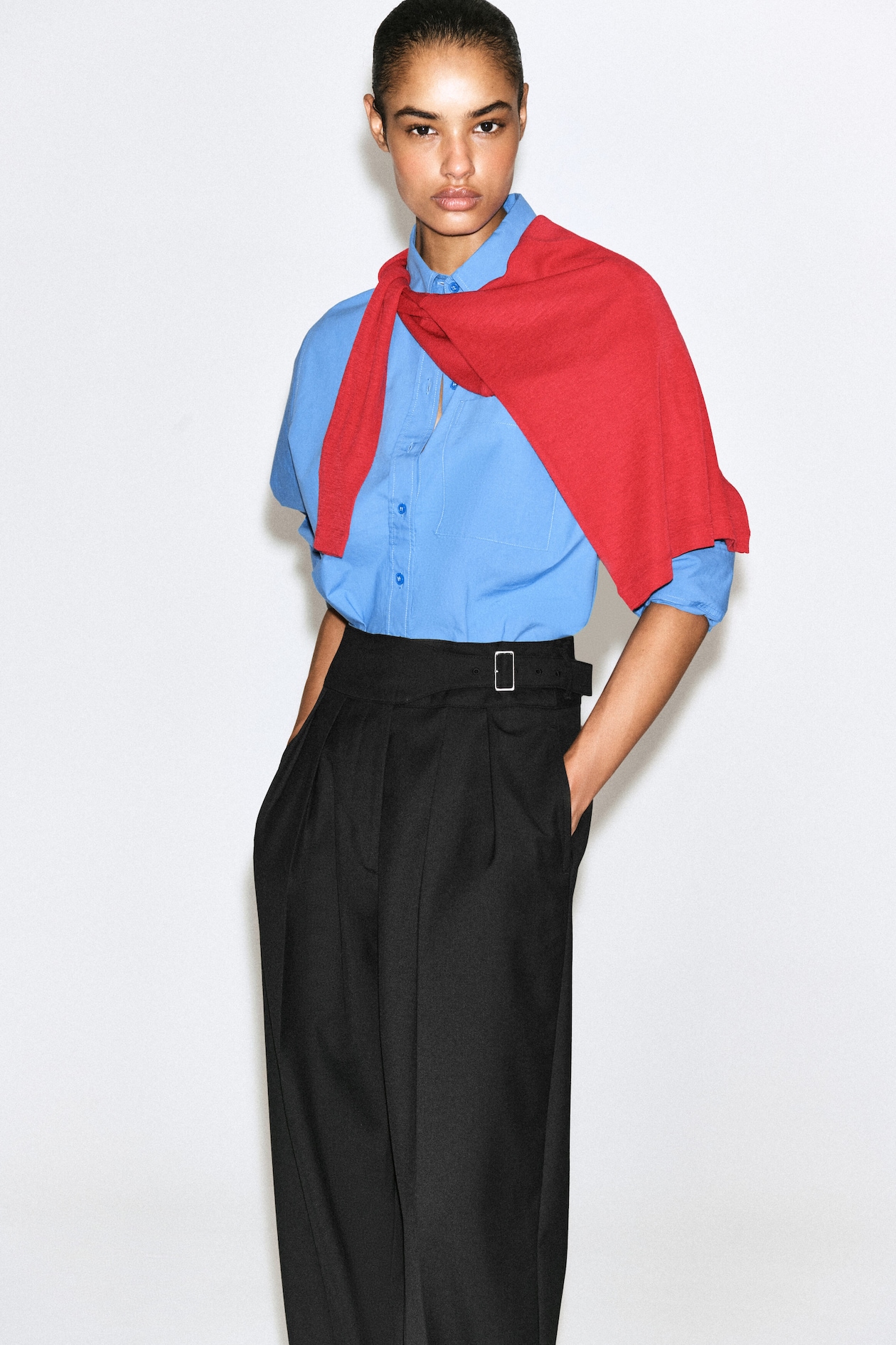 CUMMERBUND-WAIST BARREL-LEG PANTS — BLACK