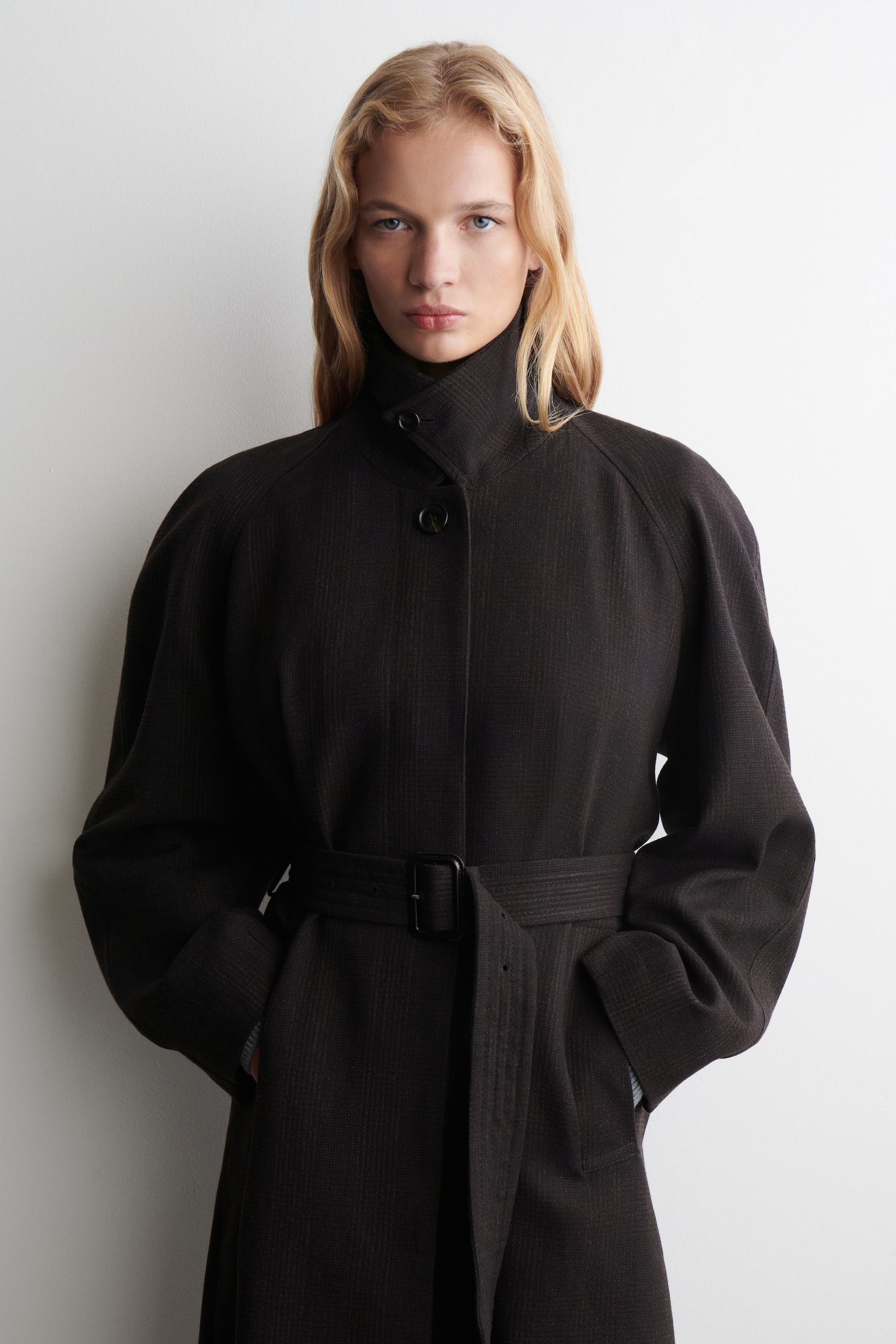 TRENCH IN MISTO LANA - MARRONE SCURO / QUADRI/BLU NAVY - 3