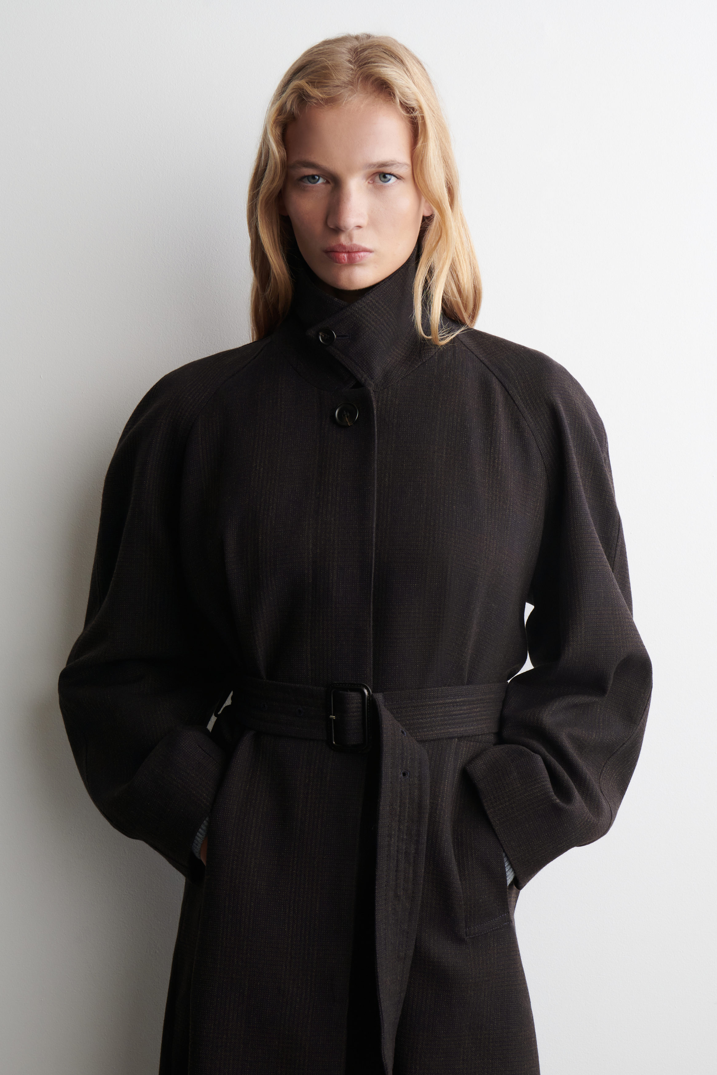 WOOL-BLEND LONG TRENCH COAT - DARK BROWN / CHECKED | COS NO