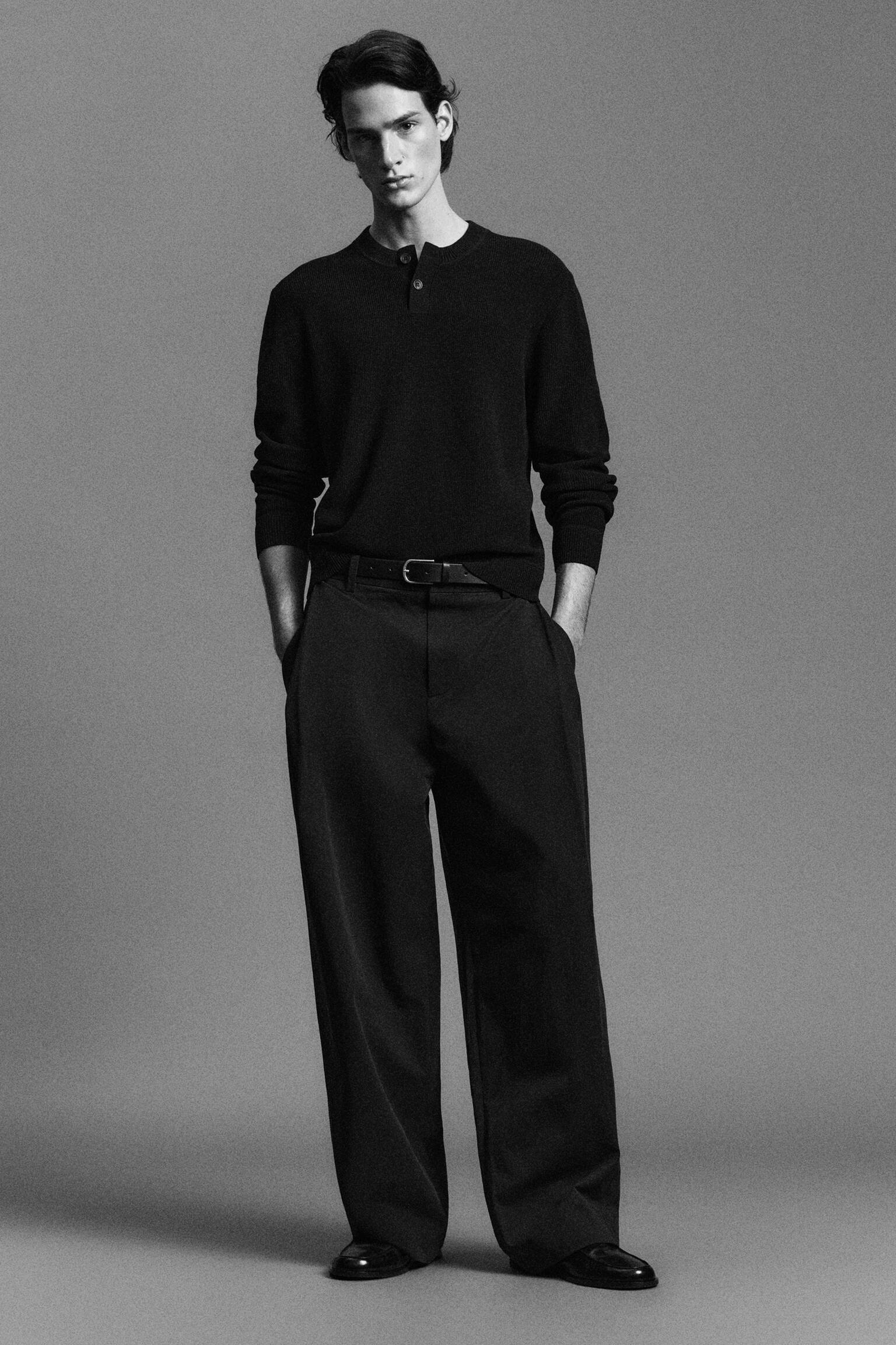 PANTALONI IN COTONE A GAMBA LARGA CON PIEGHE - NERO/GRIGIO - 8