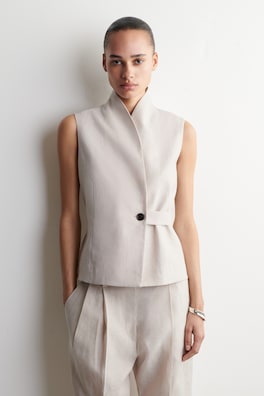SHAWL-COLLAR BELTED LINEN WAISTCOAT — LIGHT-BEIGE MÉLANGE 1