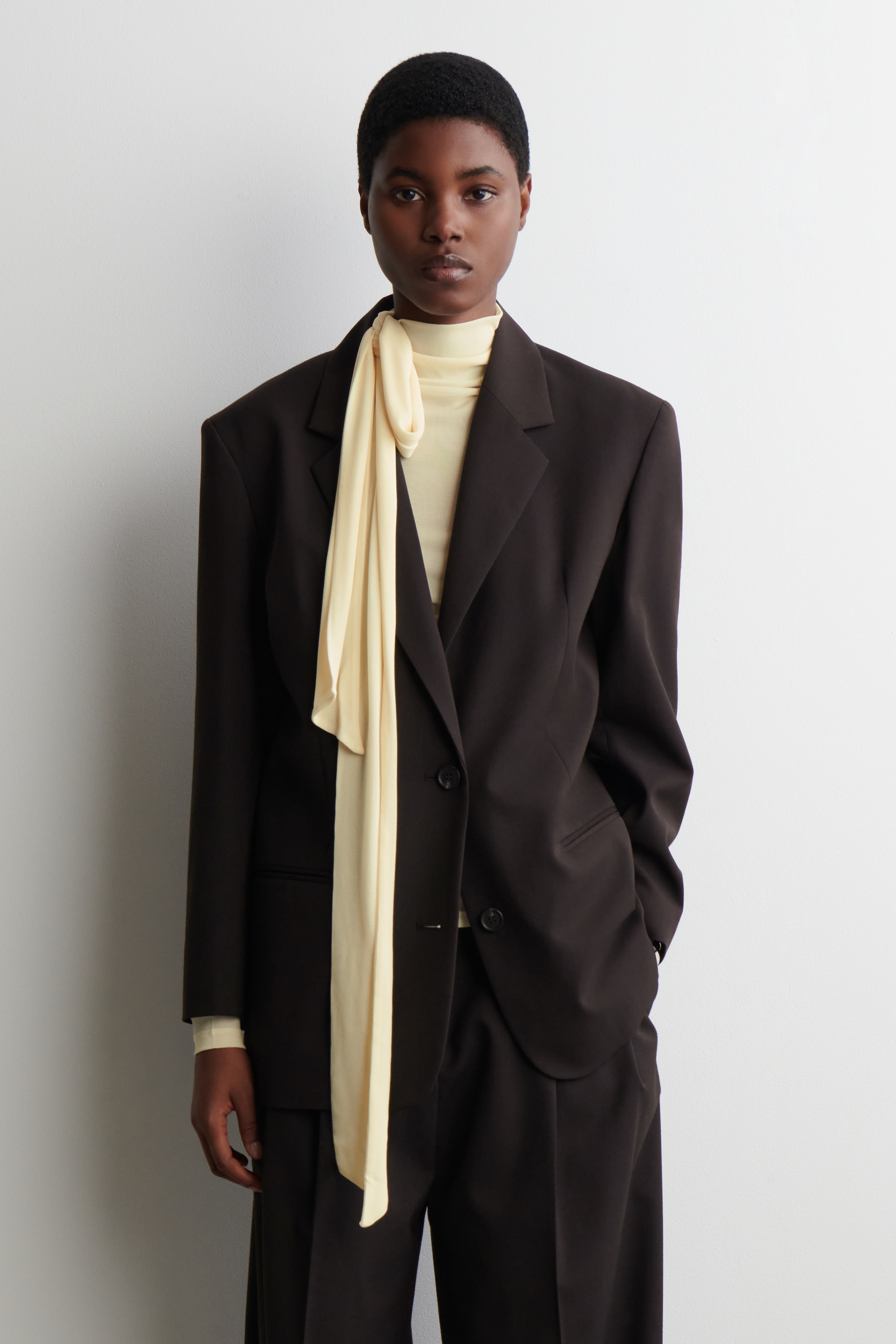 Agrandir l'image: Un costume marron foncé, comprenant un blazer à simple boutonnage avec des épaules structurées et des revers crantés, ainsi qu'un pantalon large assorti, est présenté de face. Un haut à col montant jaune clair est porté sous le blazer, avec une longue écharpe jaune clair drapée sur le blazer.