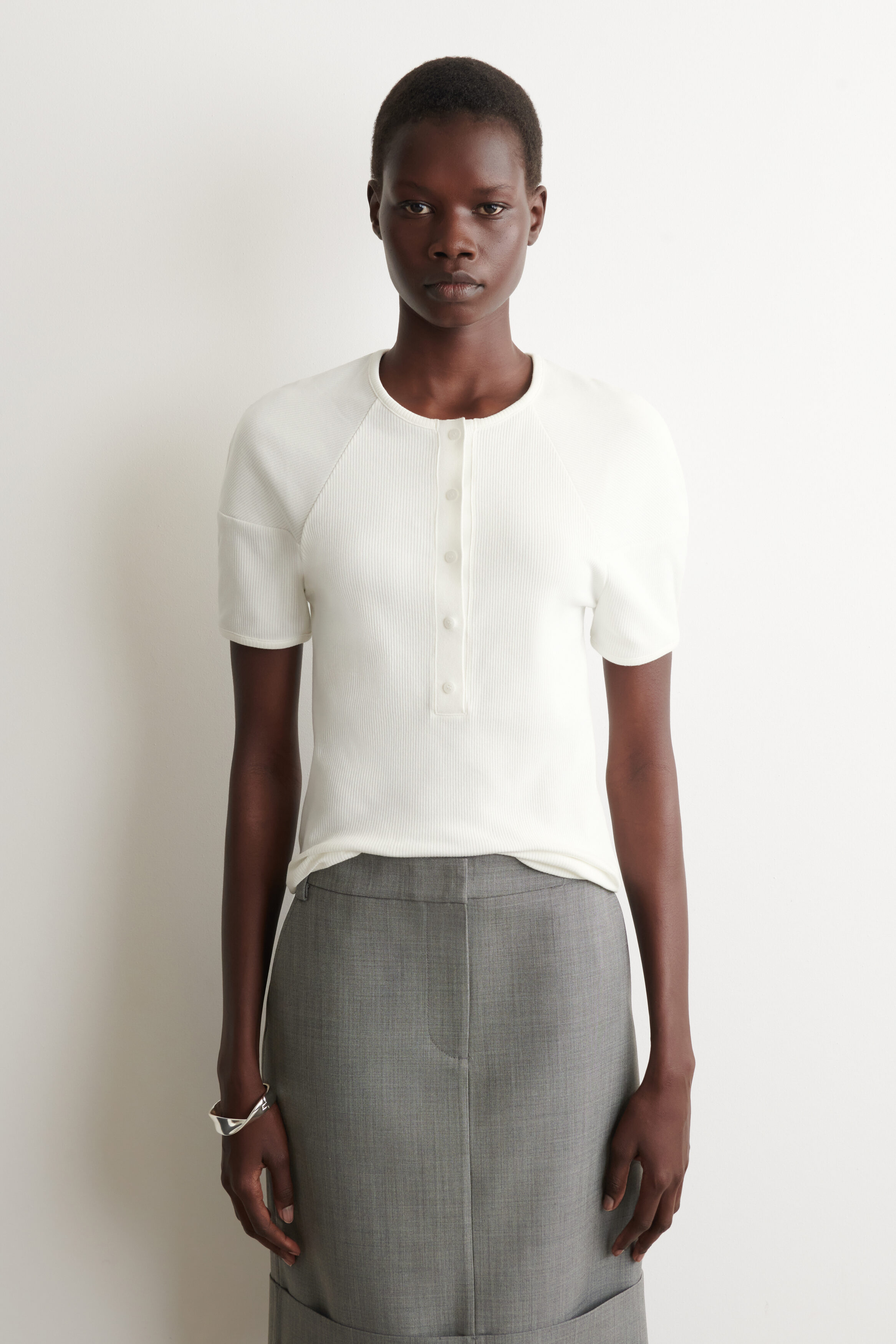ROUNDED RIBBED JERSEY HENLEY TOP - WHITE | COS US