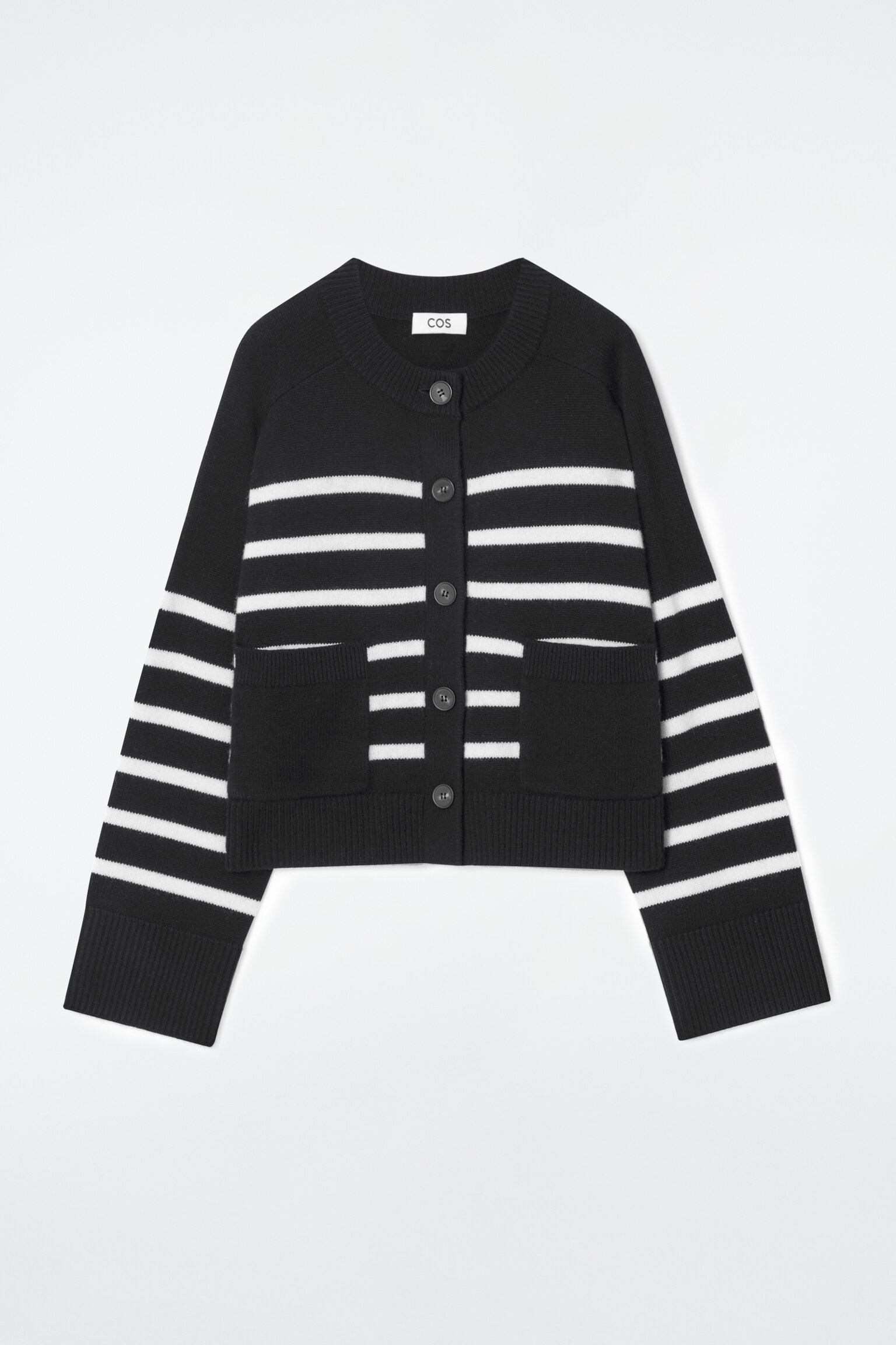 WOOL CREW-NECK CARDIGAN - BLACK / STRIPED/WHITE / STRIPED