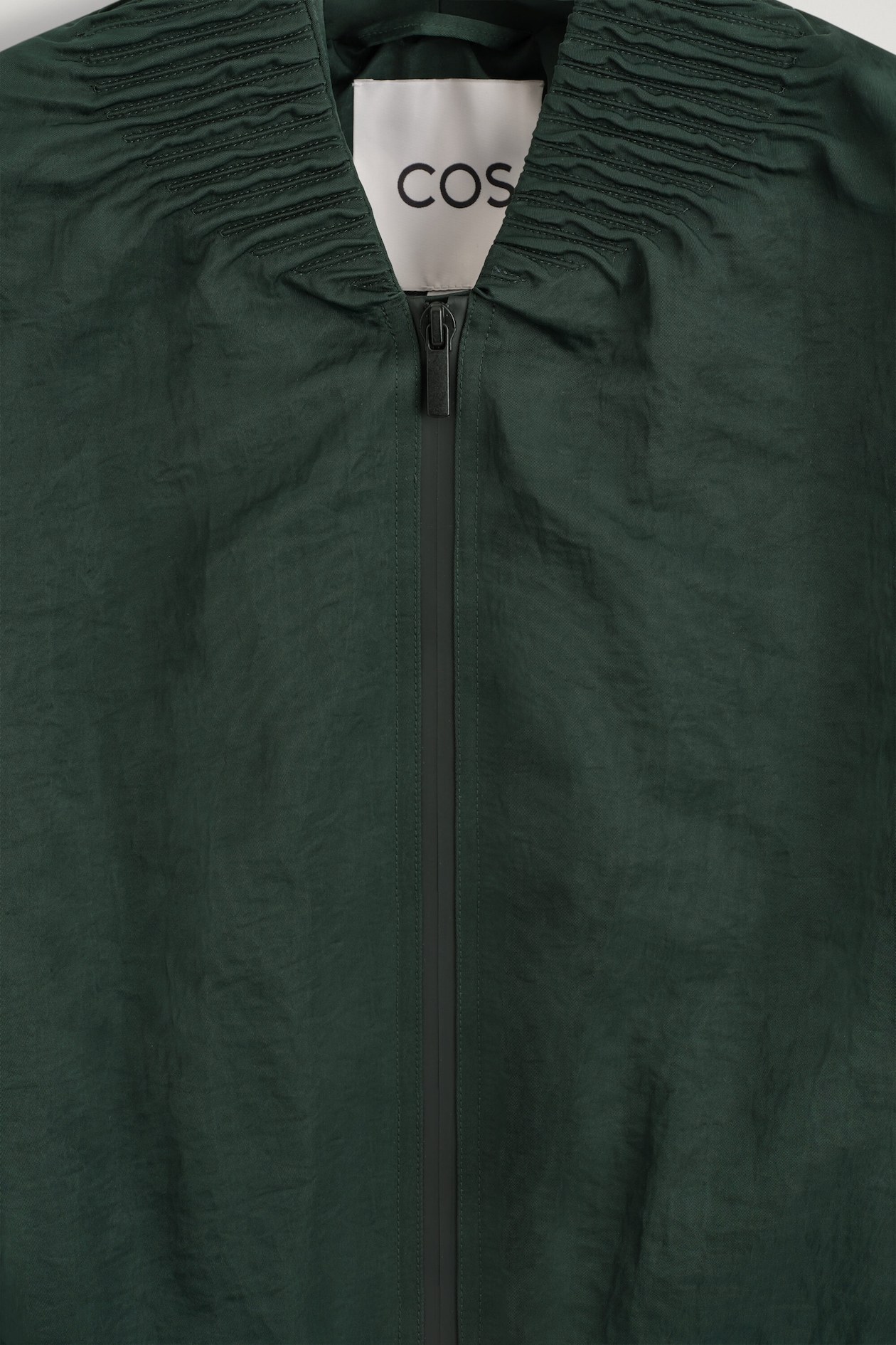 GATHERED NYLON BOMBER JACKET — DARK GREEN