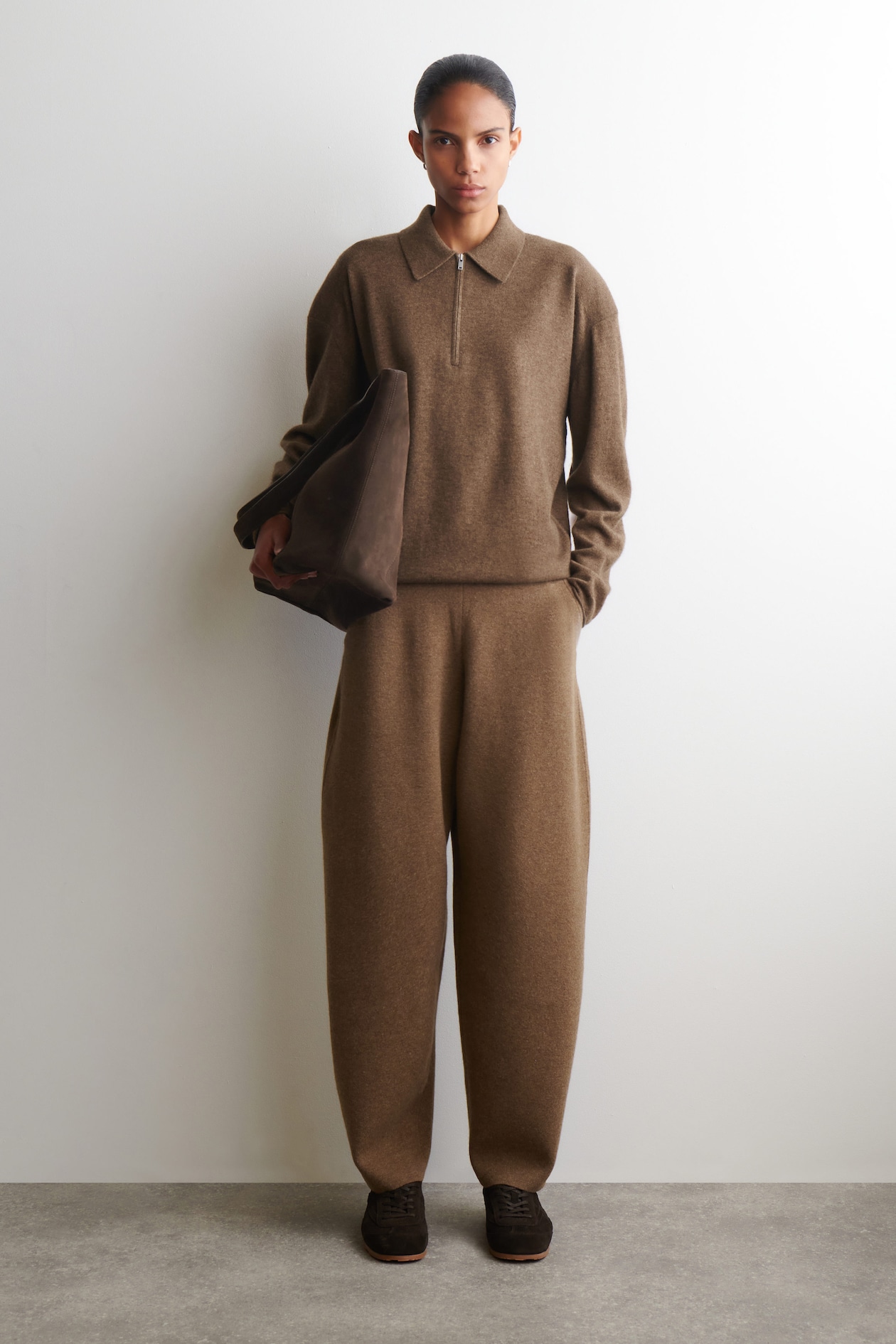 MERINO WOOL-YAK ZIP-UP POLO SHIRT — BROWN MÉLANGE