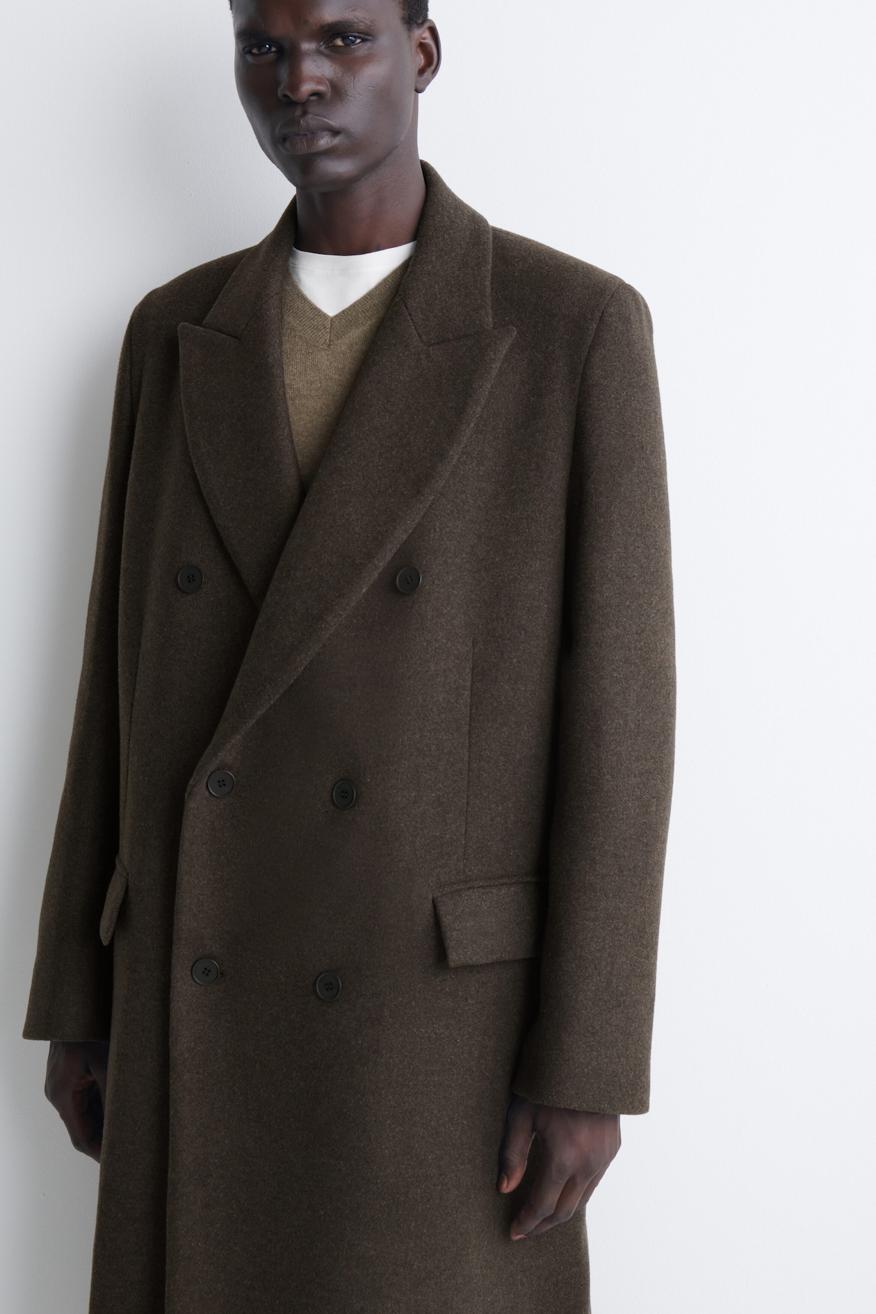 DOUBLE-BREASTED WOOL-BLEND LONG COAT — DARK-BROWN MÉLANGE