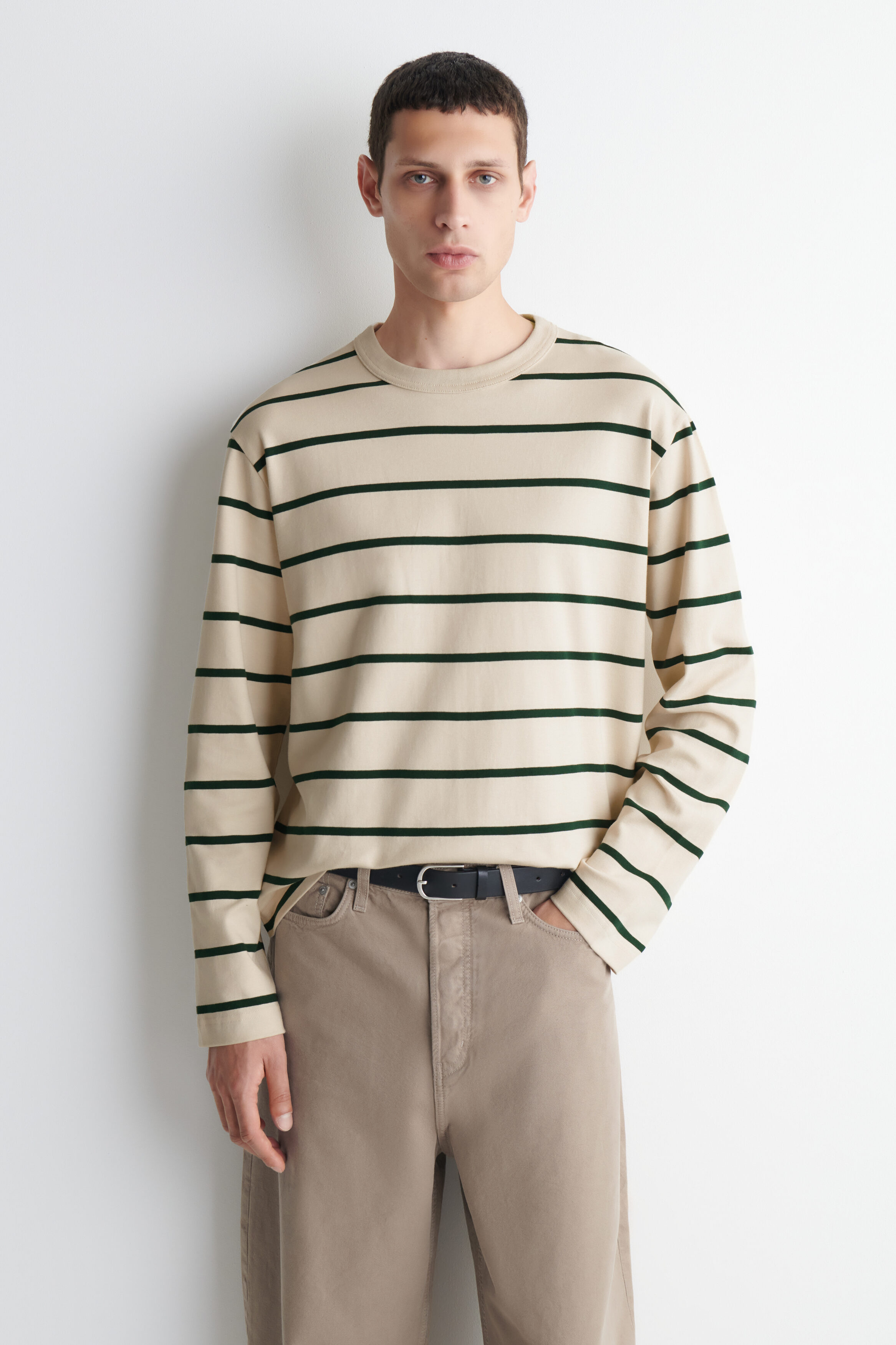 RELAXED JERSEY INTERLOCK LONG-SLEEVED T-SHIRT - IVORY / GREEN