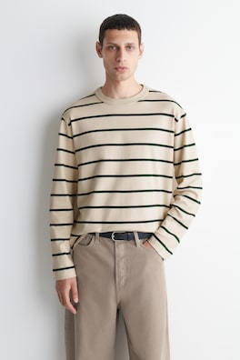 RELAXED JERSEY INTERLOCK LONG-SLEEVED T-SHIRT — IVORY / GREEN / STRIPED 1