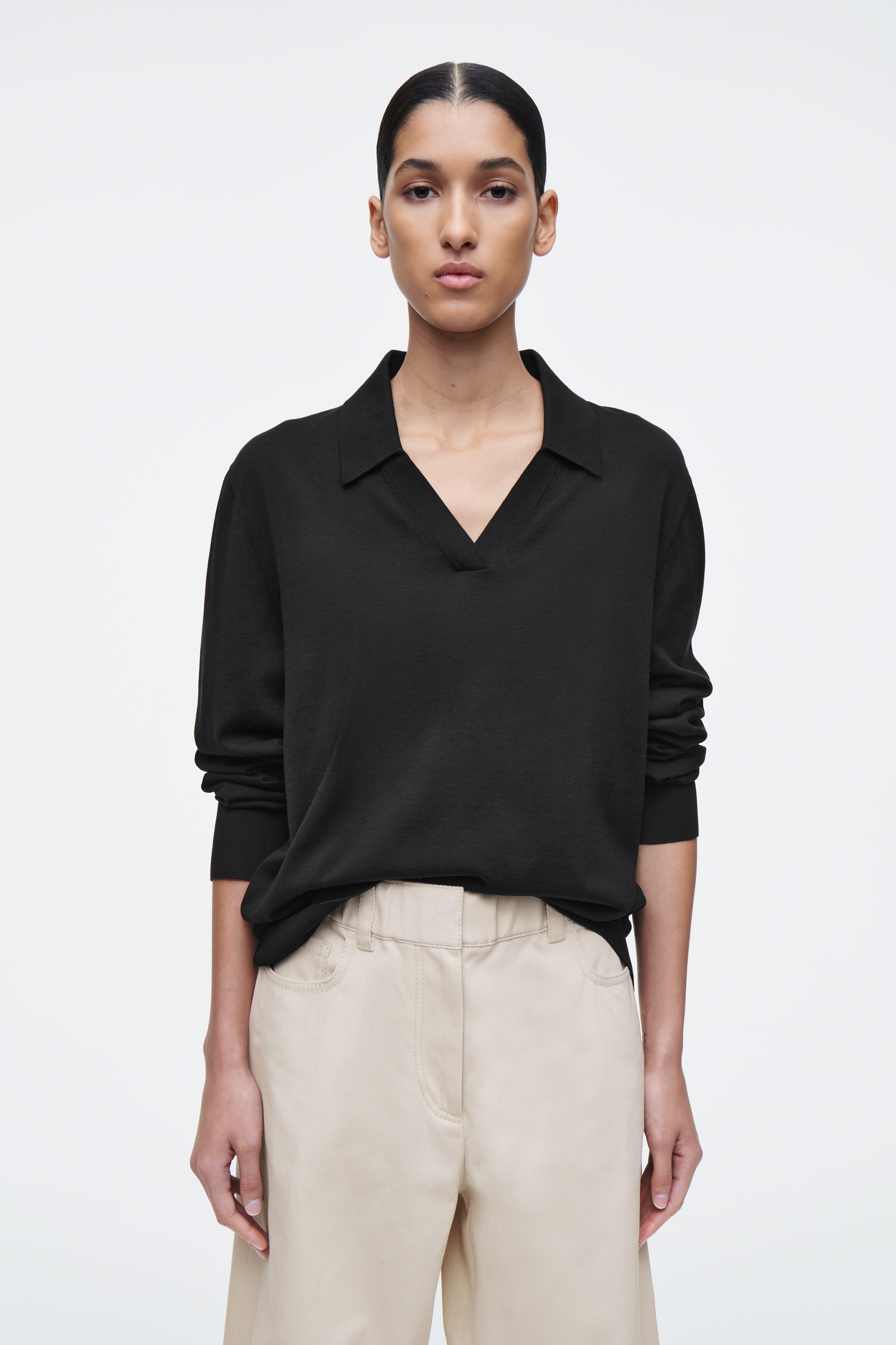 soduk◆22FW/big polo knit/FREE/コットン/ブラック/0422030518 KNITTED SILK POLO SHIRT - BLACK | COS