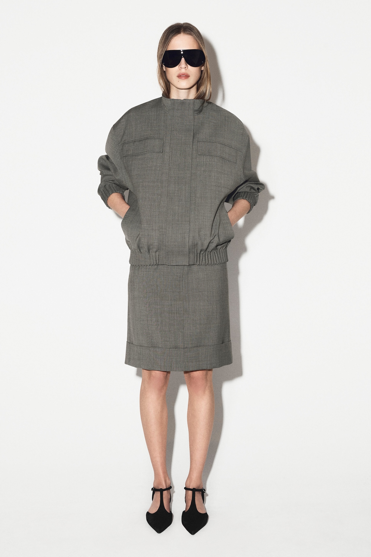 TURN-UP WOOL-BLEND PENCIL SKIRT — TAUPE MÉLANGE