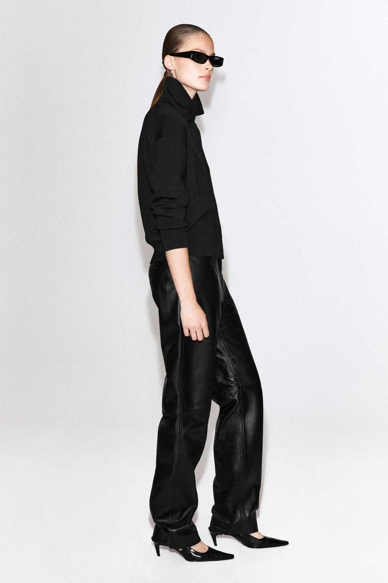 MERINO WOOL MOCK-NECK CARDIGAN — BLACK