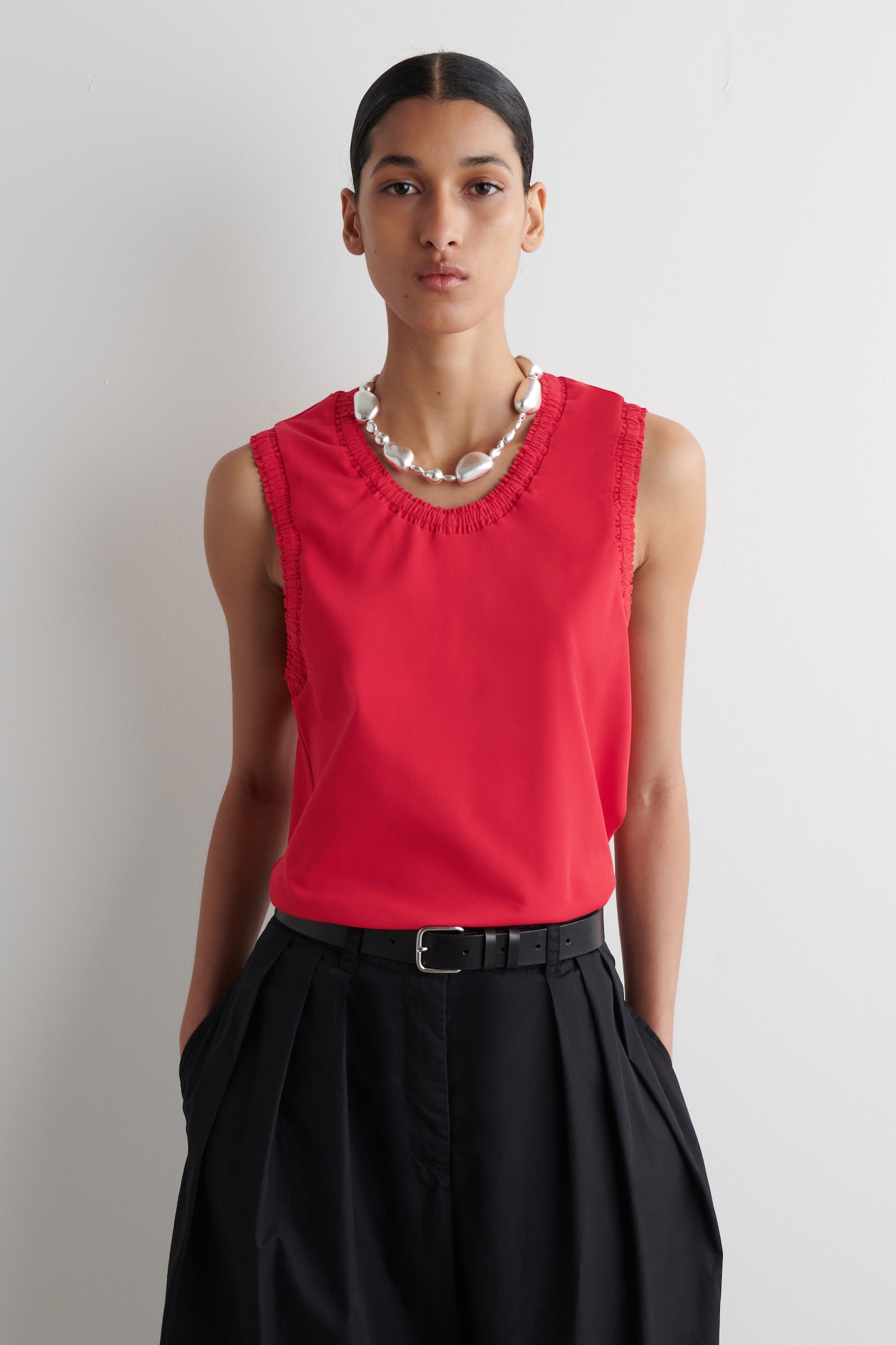 GATHERED COTTON TANK TOP - RED/BLACK/ECRU
