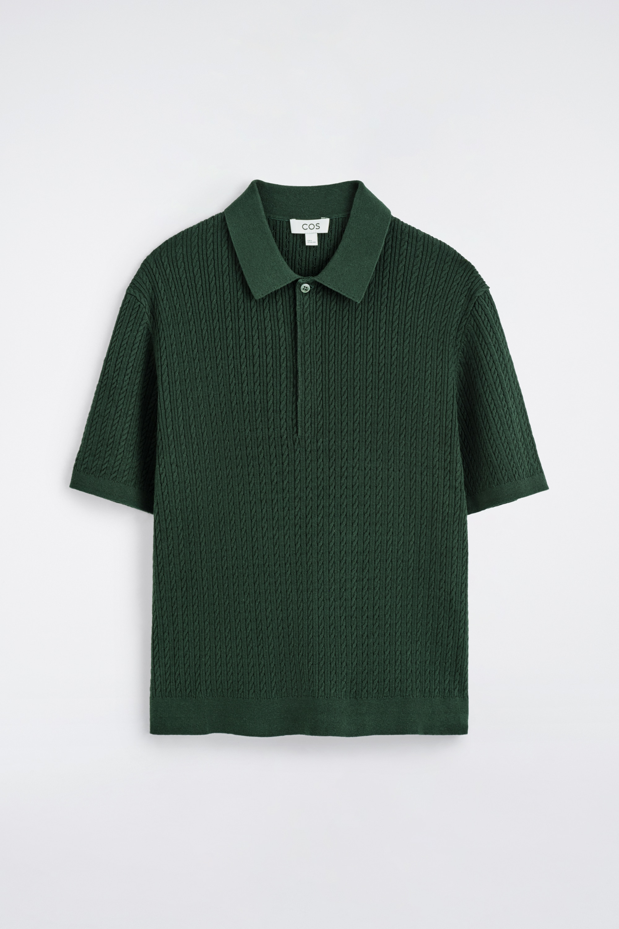 CABLE-KNIT COTTON-LINEN POLO SHIRT - ירוק כהה/אפור