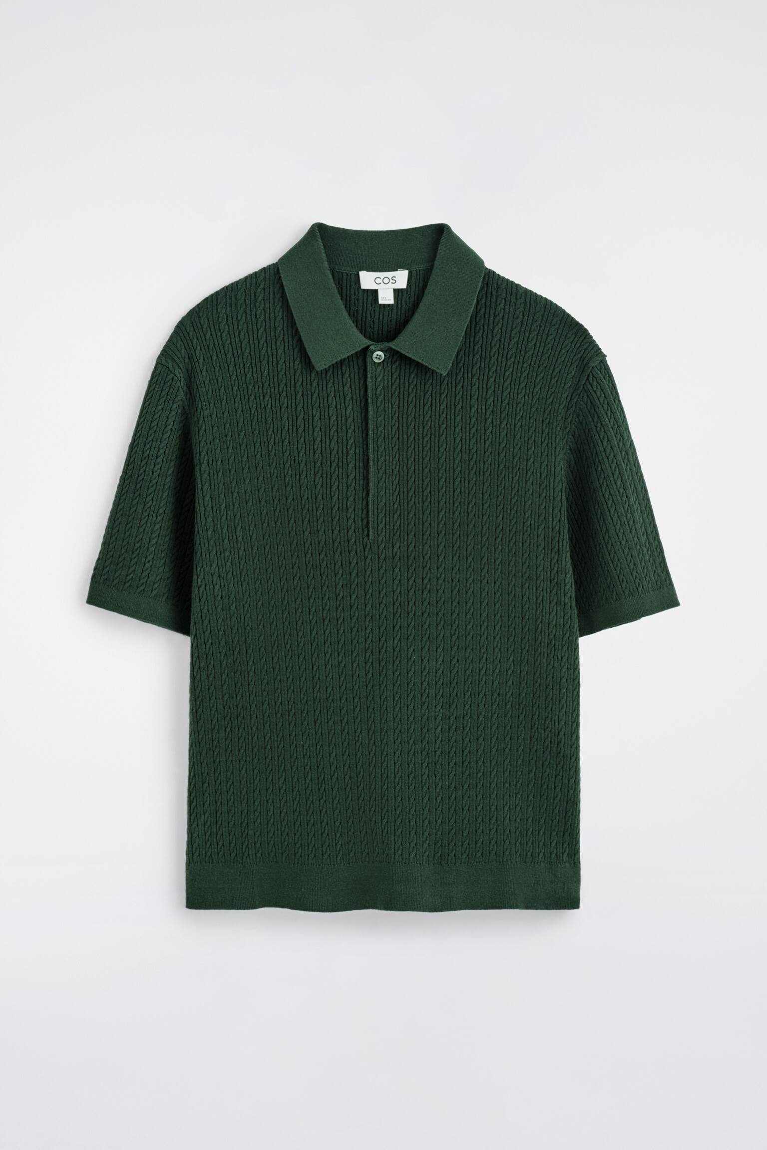 CABLE-KNIT COTTON-LINEN POLO SHIRT - ירוק כהה/אפור - 1