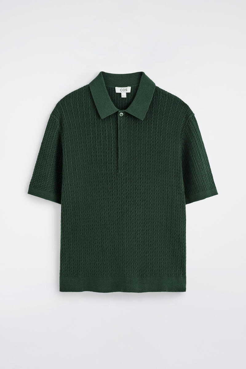 Cable-Knit Cotton-Linen Polo Shirt in Green