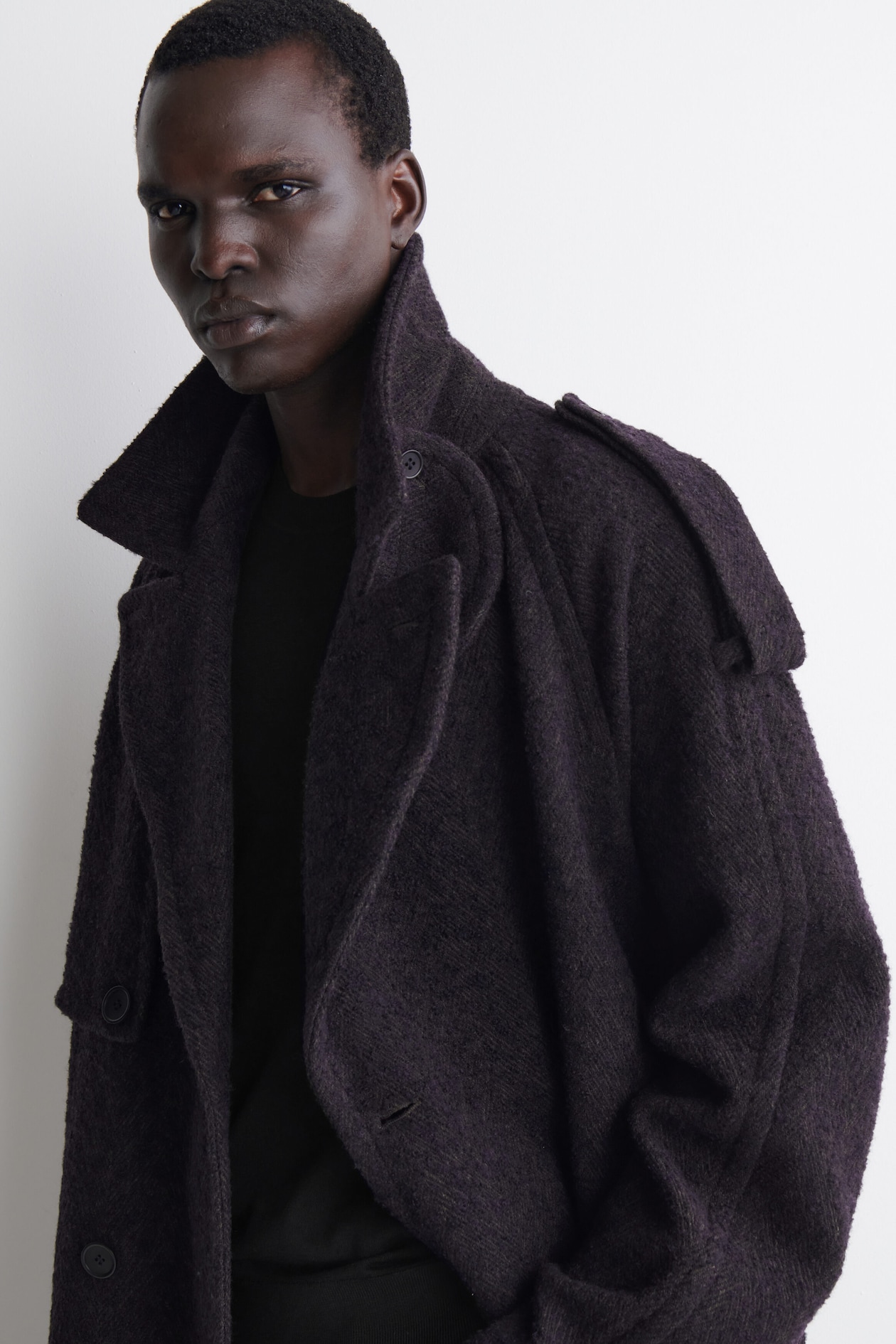DOUBLE-FACED WOOL-BLEND HERRINGBONE COAT — DARK BROWN