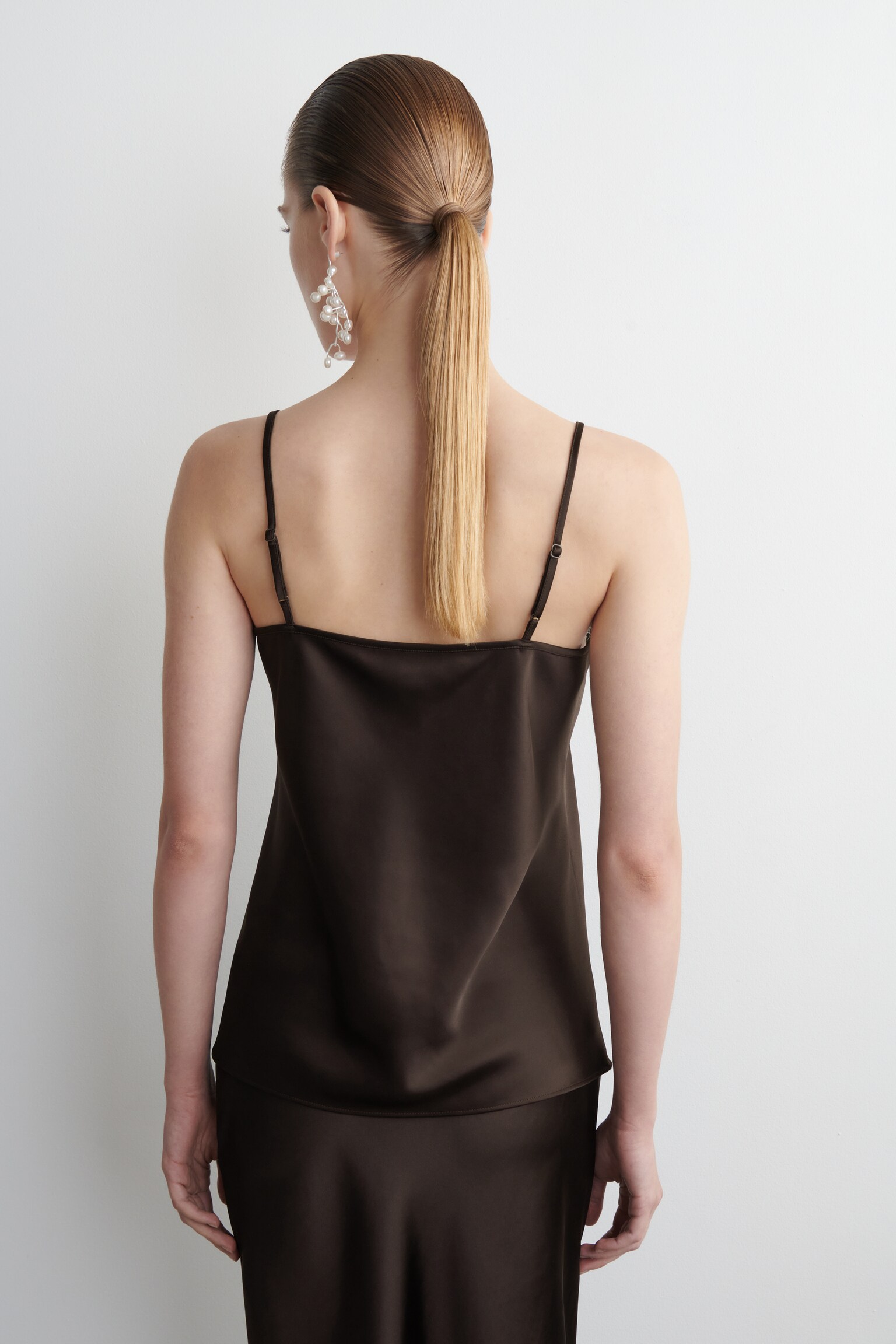 LACE-TRIMMED SATIN CAMI TOP - BROWN - 7