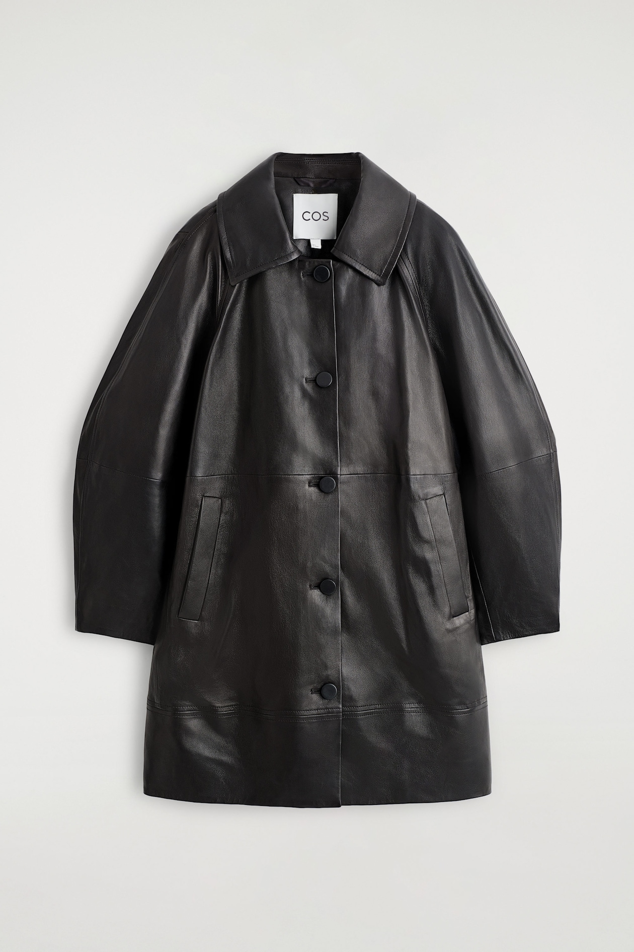 SCULPTURAL LEATHER COAT — DARK BROWN