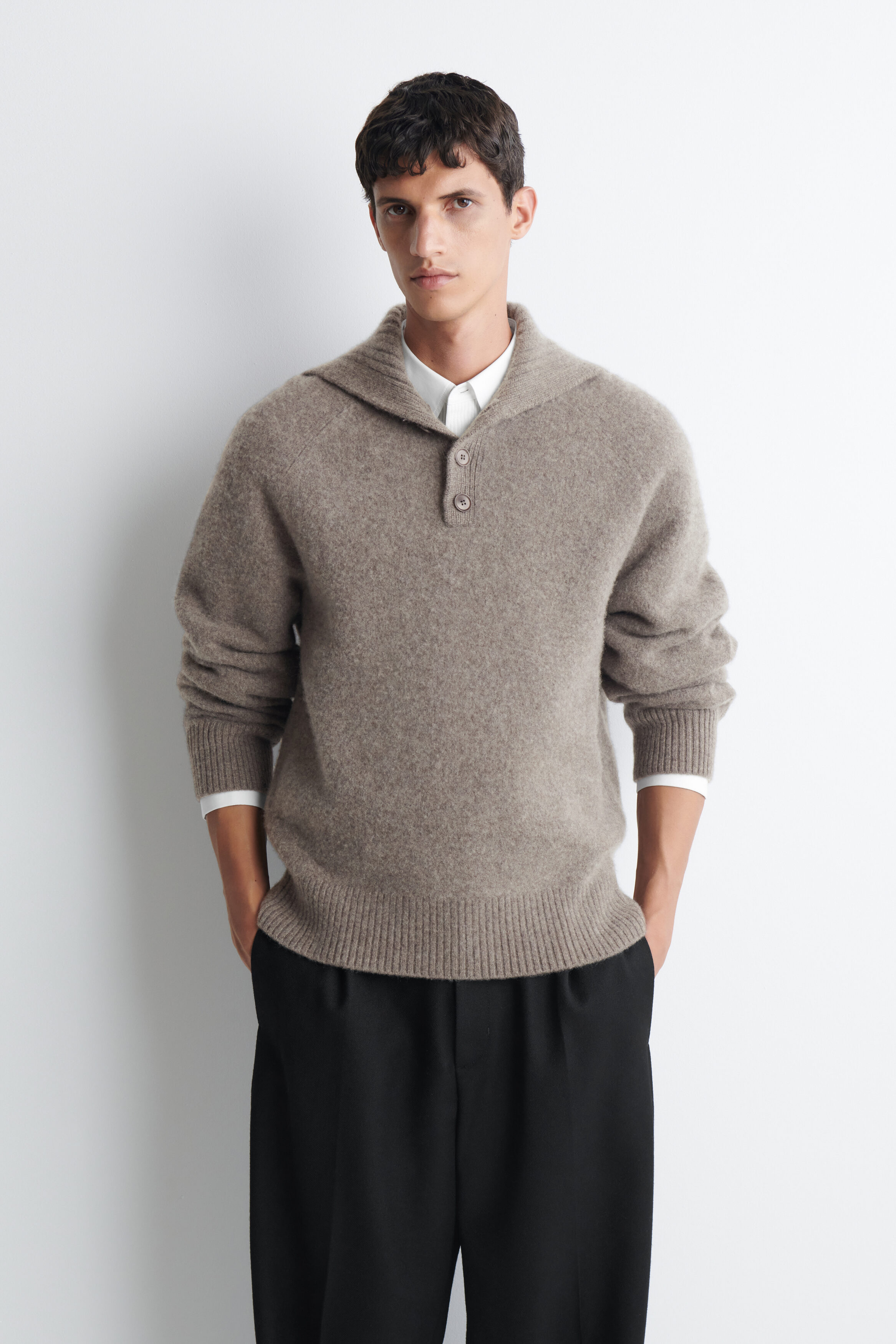 BUTTONED CASHMERE MOCK-NECK SWEATER - MOCHA | COS US