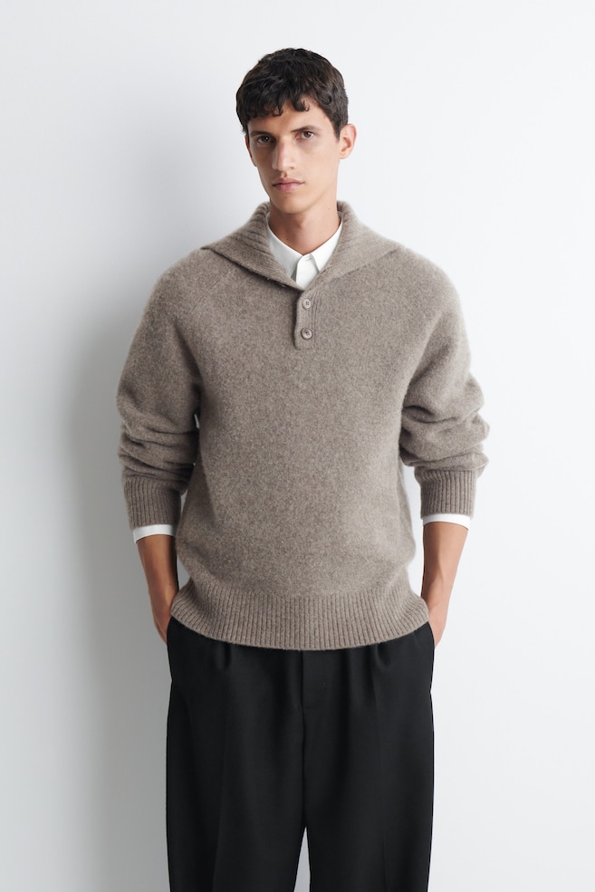 BUTTONED PURE CASHMERE MOCK-NECK SWEATER — MOCHA