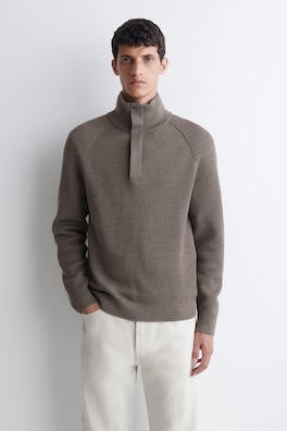 RIBBED WOOL HALF-ZIP SWEATER — BROWN 1