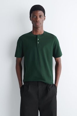 CONTRAST-TIPPED COTTON-PIQUÉ HENLEY TOP — FOREST GREEN 1