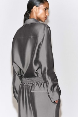 TAILORED SILK STRAIGHT-LEG PANTS — PEWTER 4