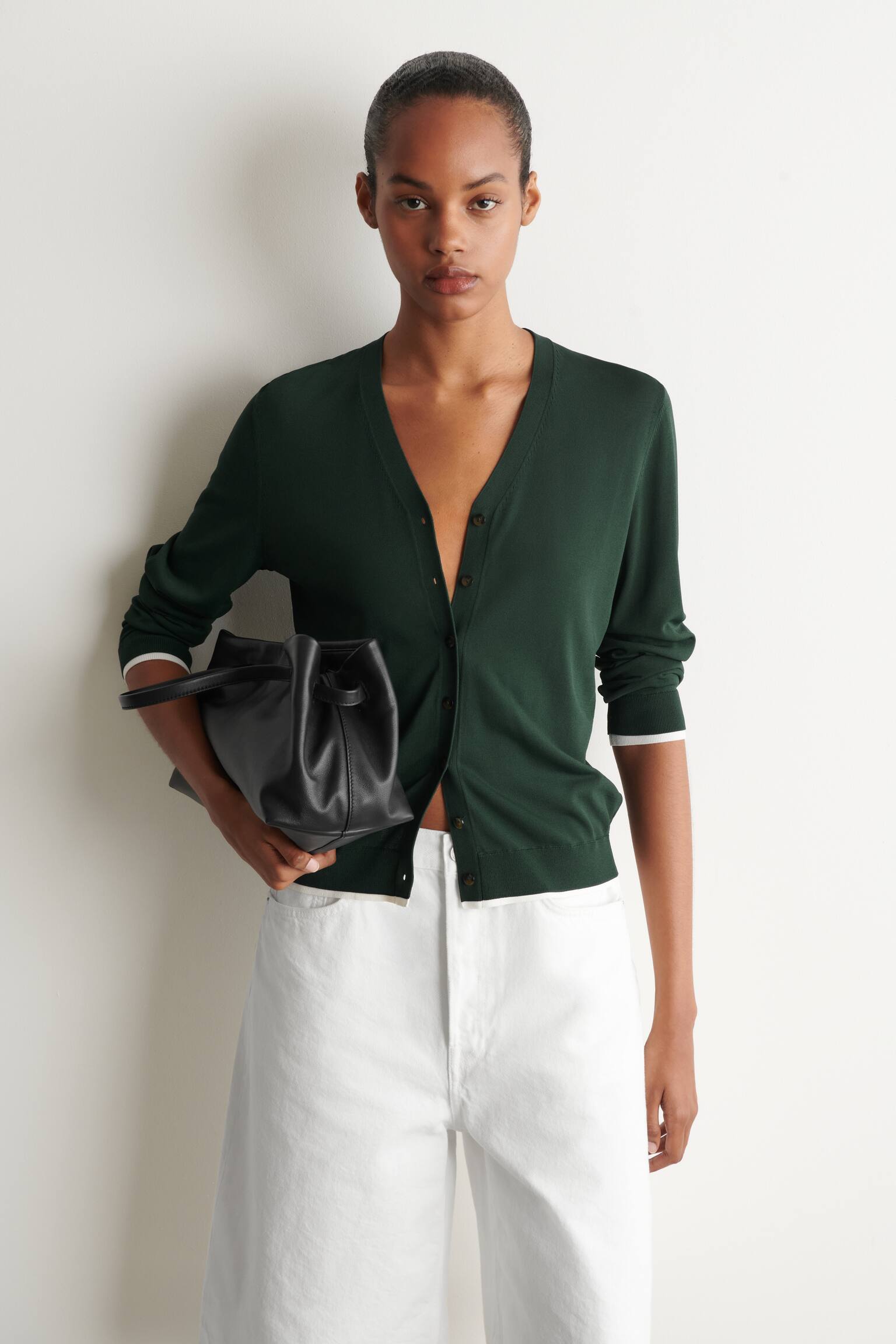 LAYERED-DETAIL KNITTED V-NECK CARDIGAN - DARK GREEN / WHITE - 1