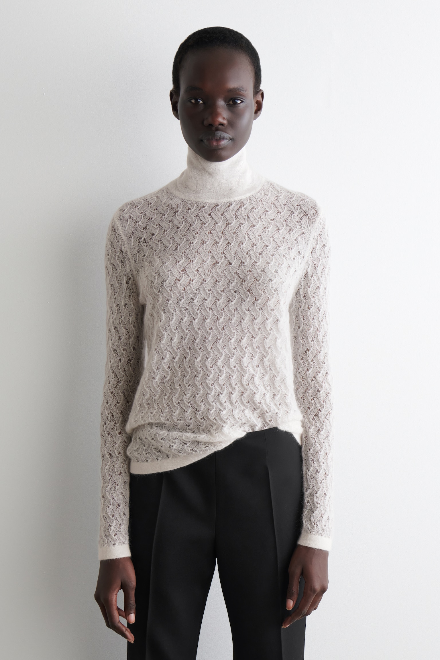 POINTELLE-KNIT MOHAIR JUMPER - IVORY/DARK GREEN