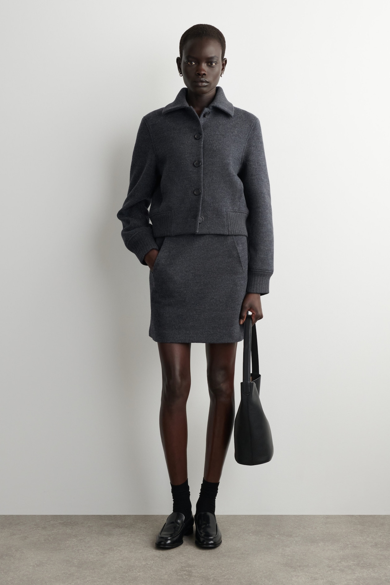 BOILED MERINO WOOL MINI SKIRT — GREY