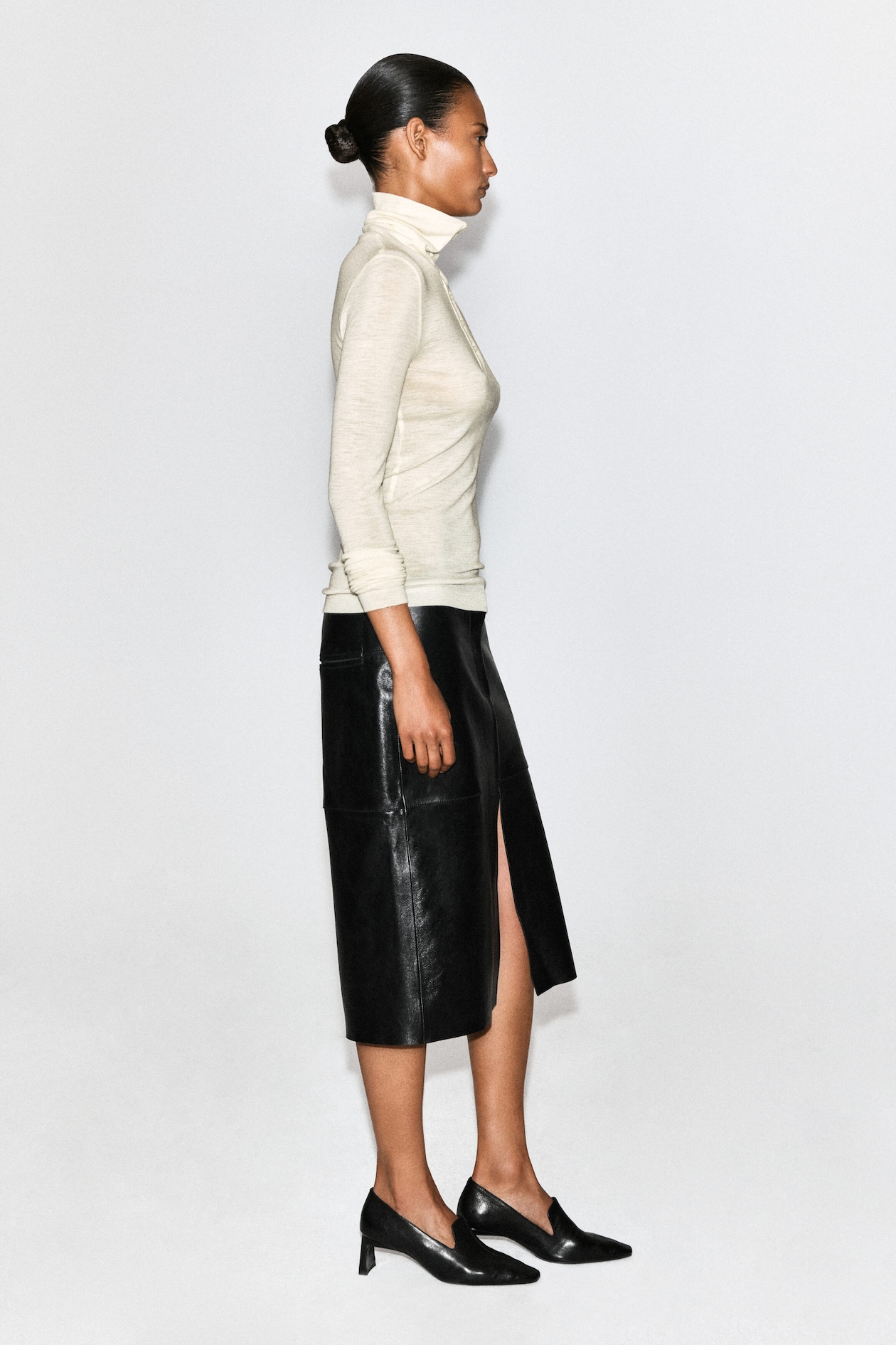 MERINO WOOL BUTTONED MOCK-NECK TOP — IVORY
