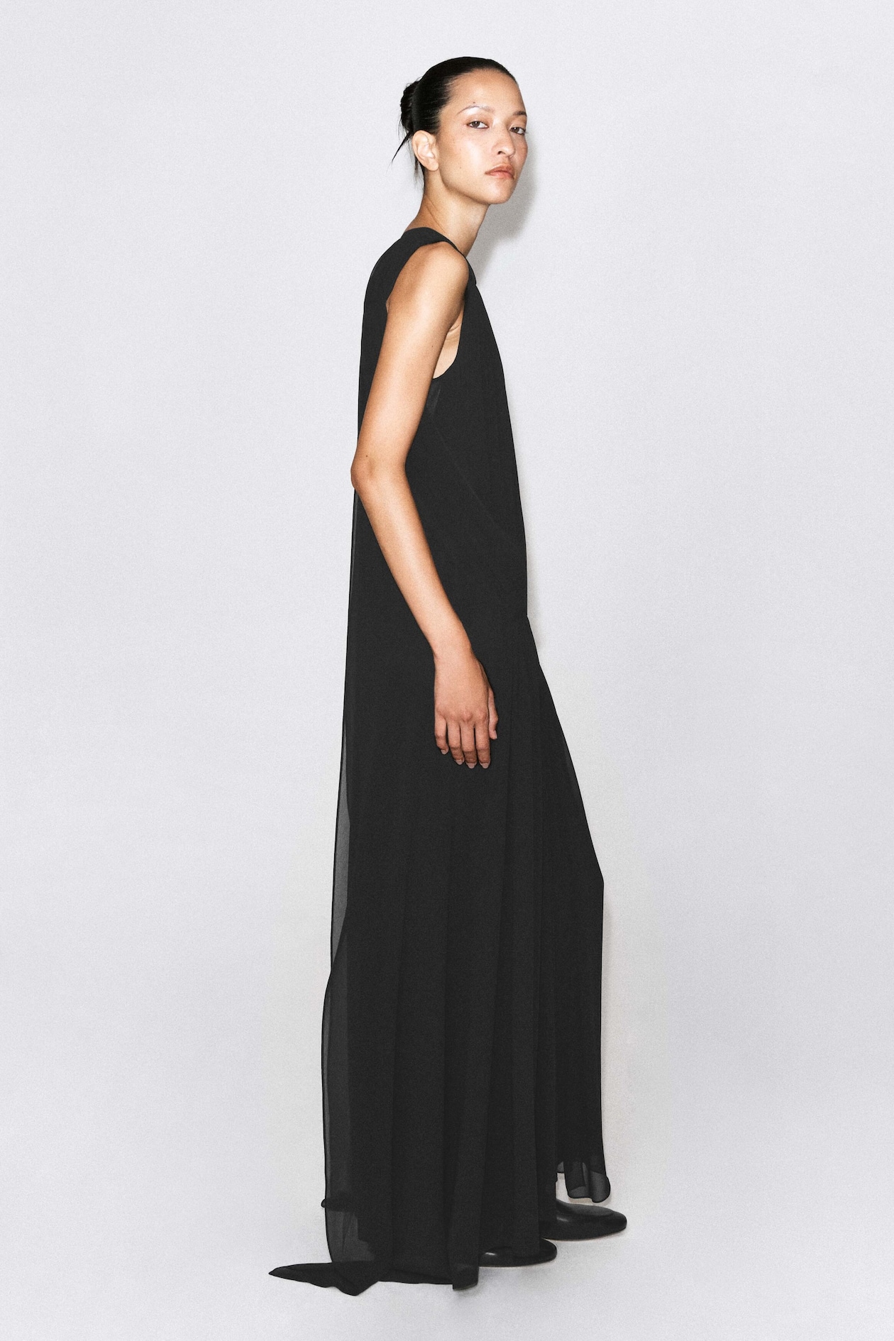 DRAPED GATHERED CHIFFON MAXI DRESS — CARBON
