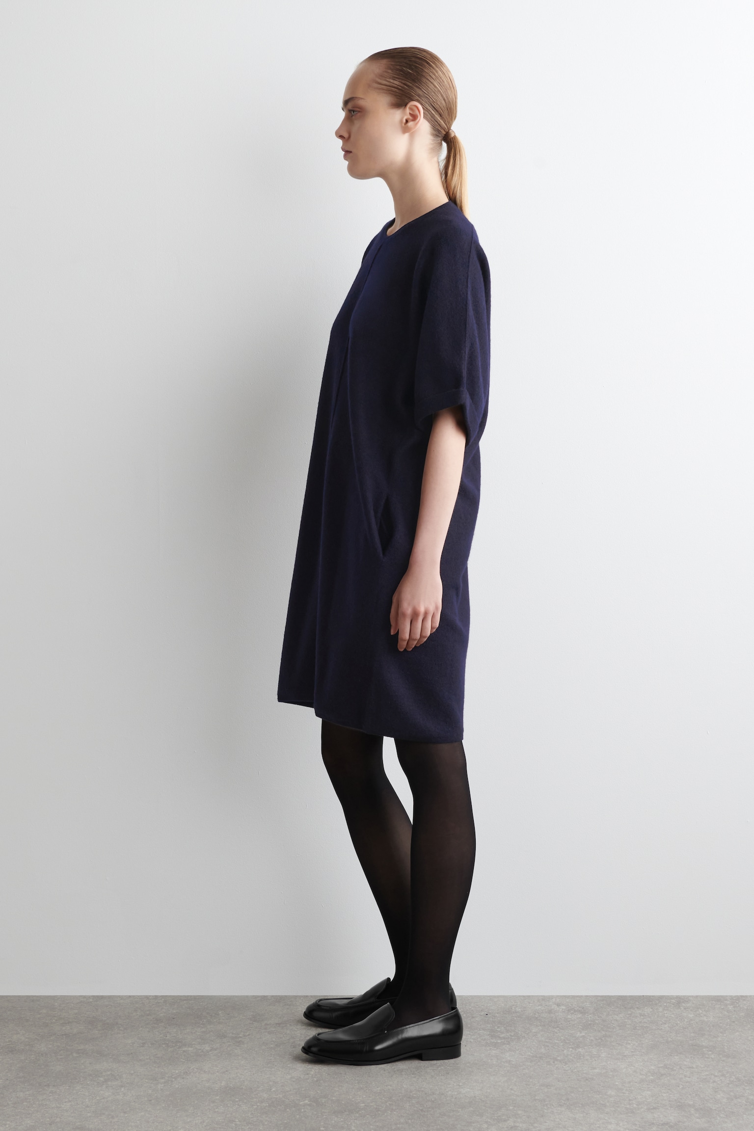 SCULPTED MERINO WOOL MINI DRESS - NAVY/GREY MÉLANGE - 4