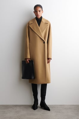 OVERSIZED DOUBLE-BREASTED WOOL LONG COAT — CAMEL 1