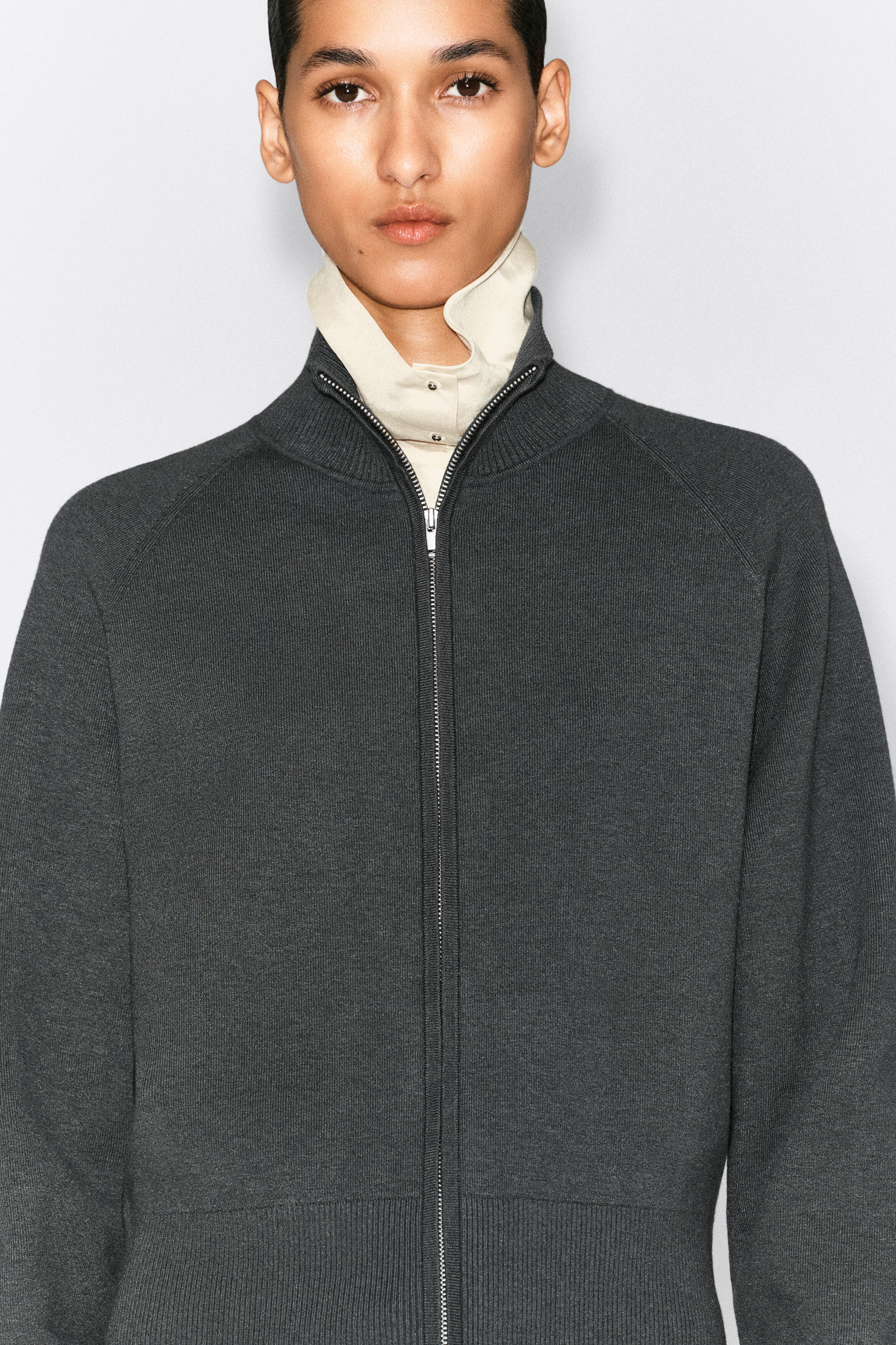 KNITTED MOCK-NECK ZIP-UP JACKET - CHARCOAL | COS US