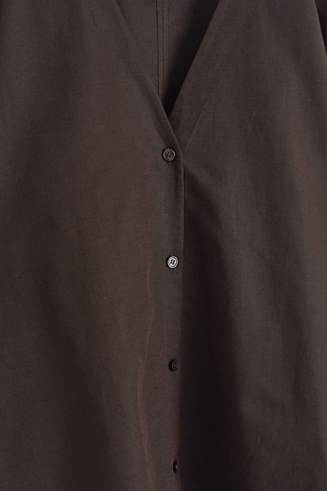 V-NECK LINEN-COTTON SHIRT — DARK BROWN