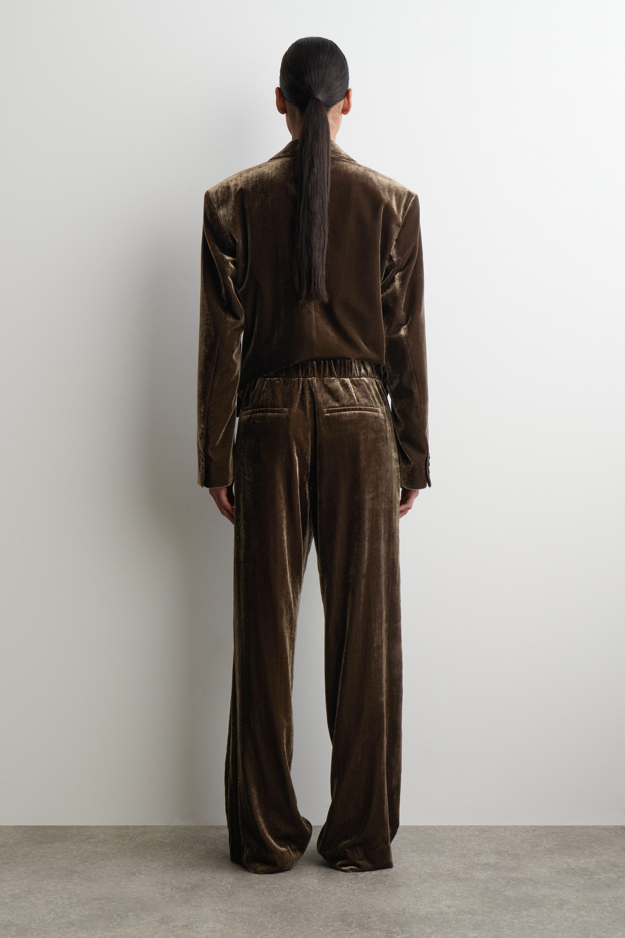 VELVET ELASTICATED STRAIGHT-LEG TROUSERS