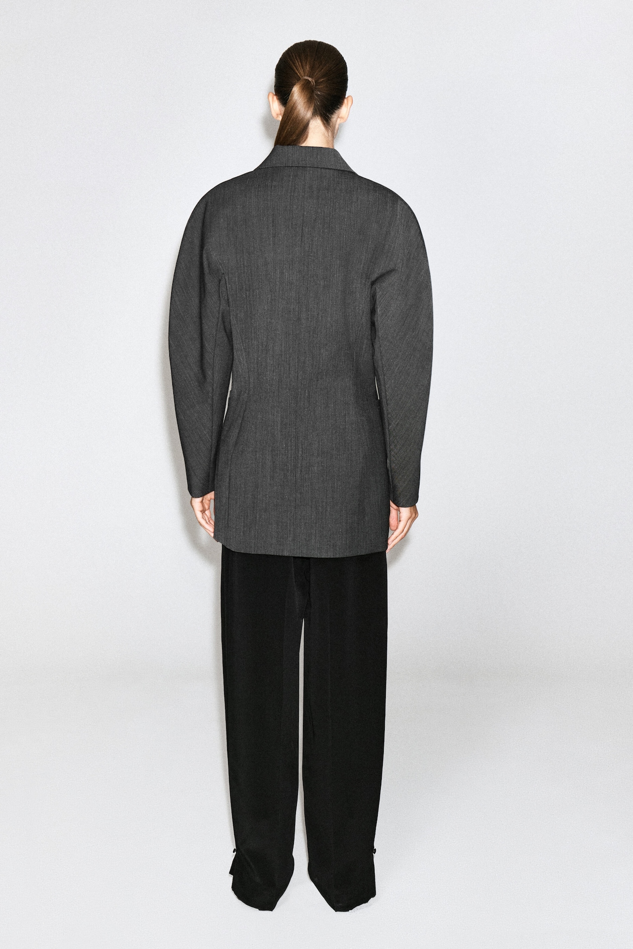 SCULPTED DOUBLE-BREASTED LONG-LINE BLAZER — GRAY MÉLANGE