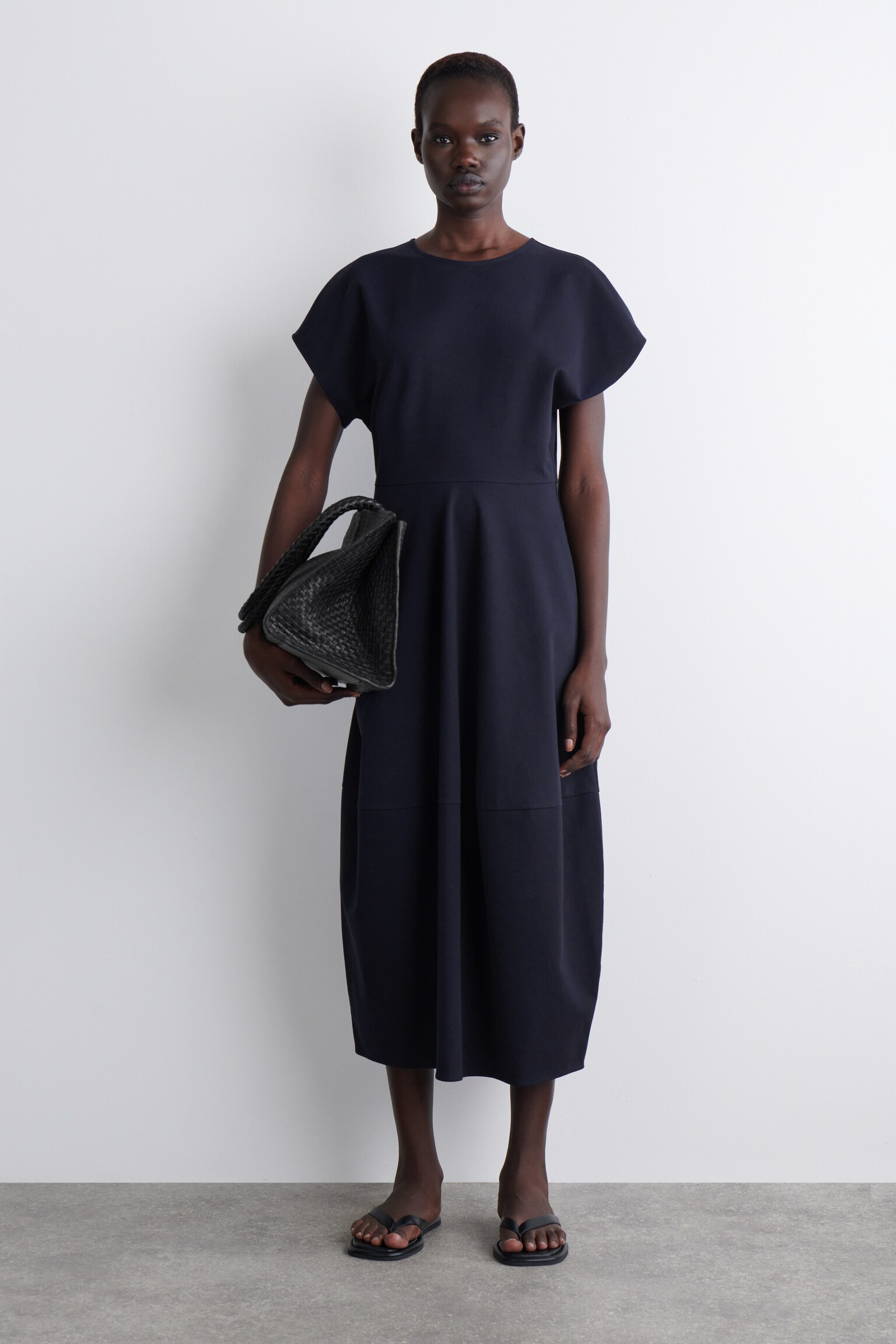 SCULPTED COTTON MIDI DRESS - NAVY/LIGHT BLUE/BLACK/OCHRE